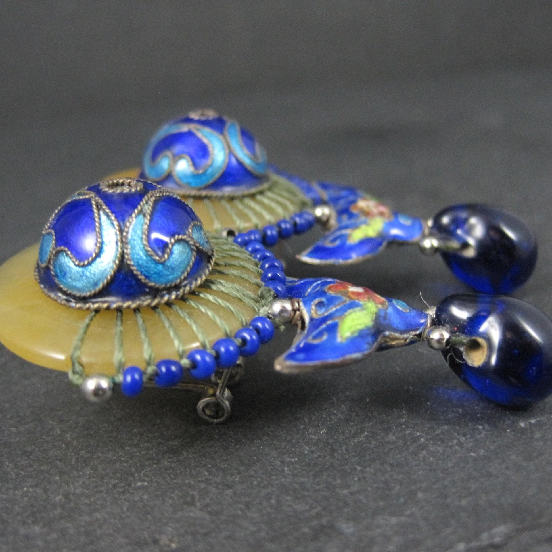 Vintage Cloisonne Enamel Jade Earrings Chinese Export French Backs