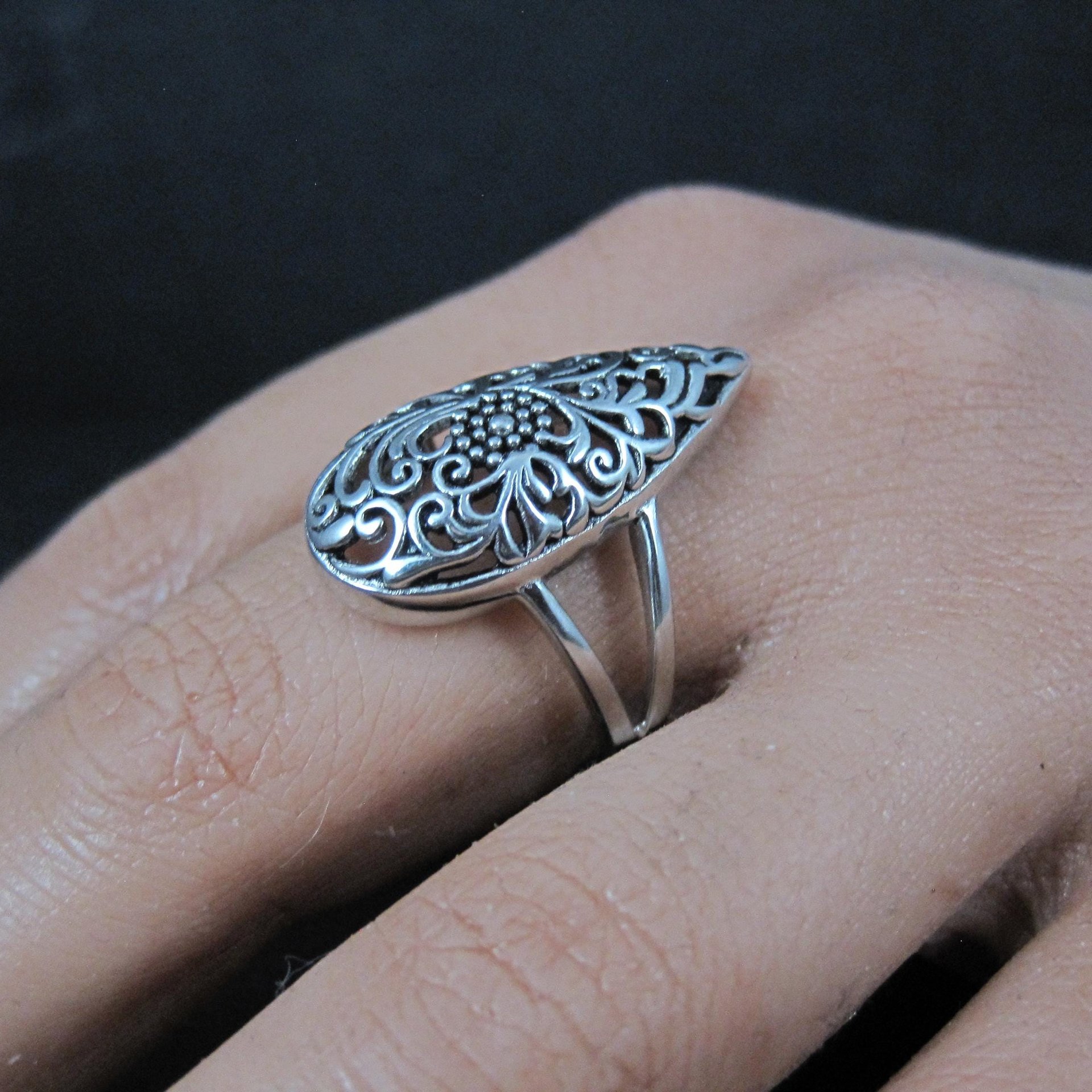 Sterling Silver Floral Filigree Dome Ring Size 8