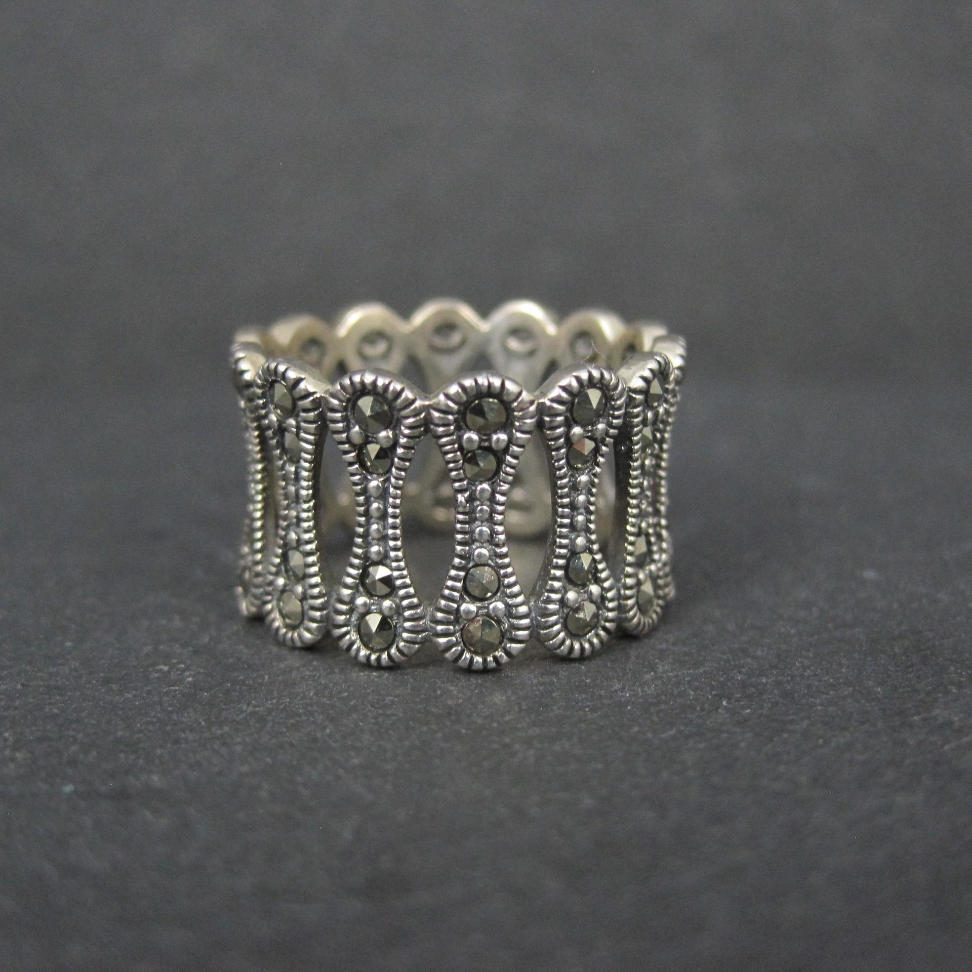 Wide Sterling Silver Marcasite Band Ring Size 7.5