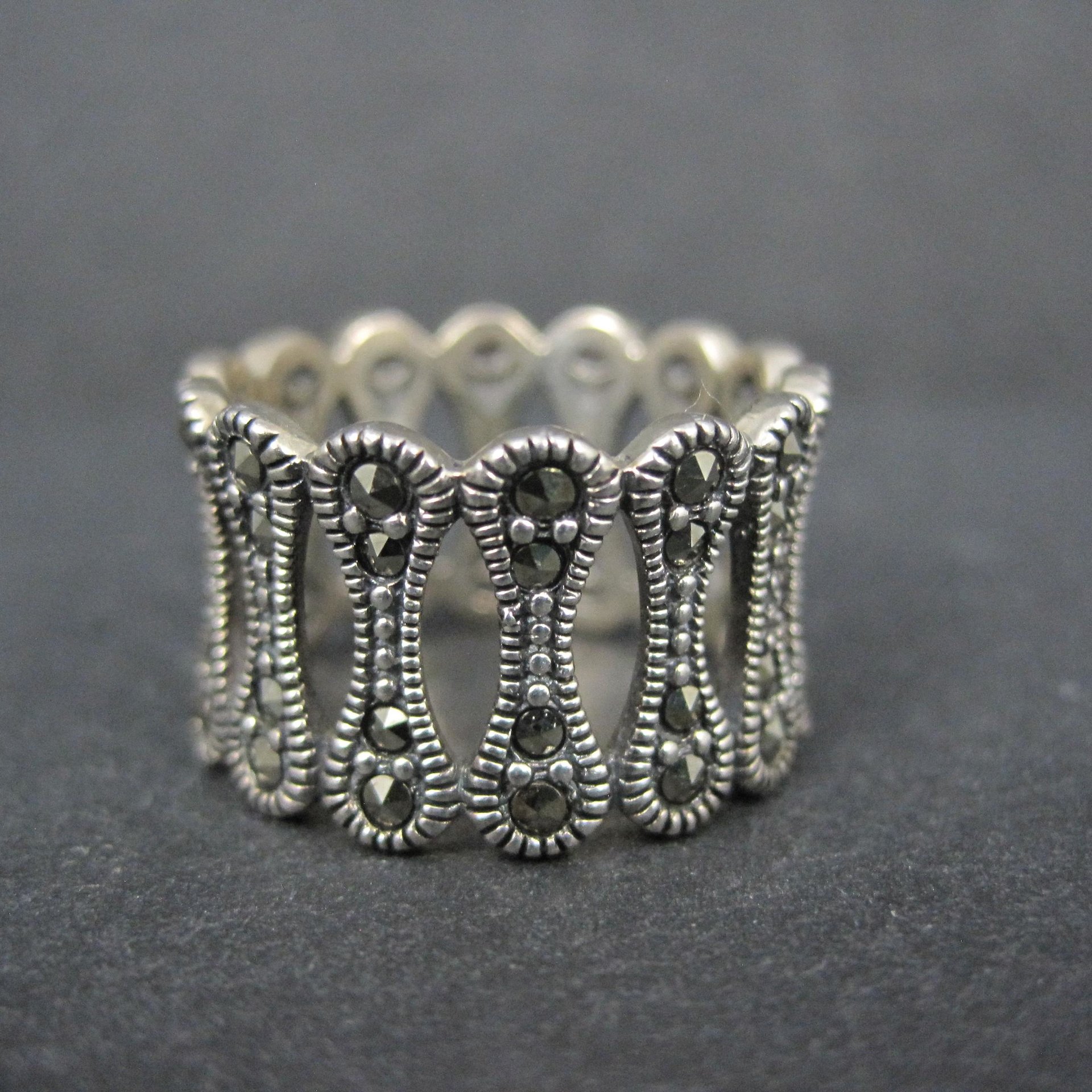 Wide Sterling Silver Marcasite Band Ring Size 7.5