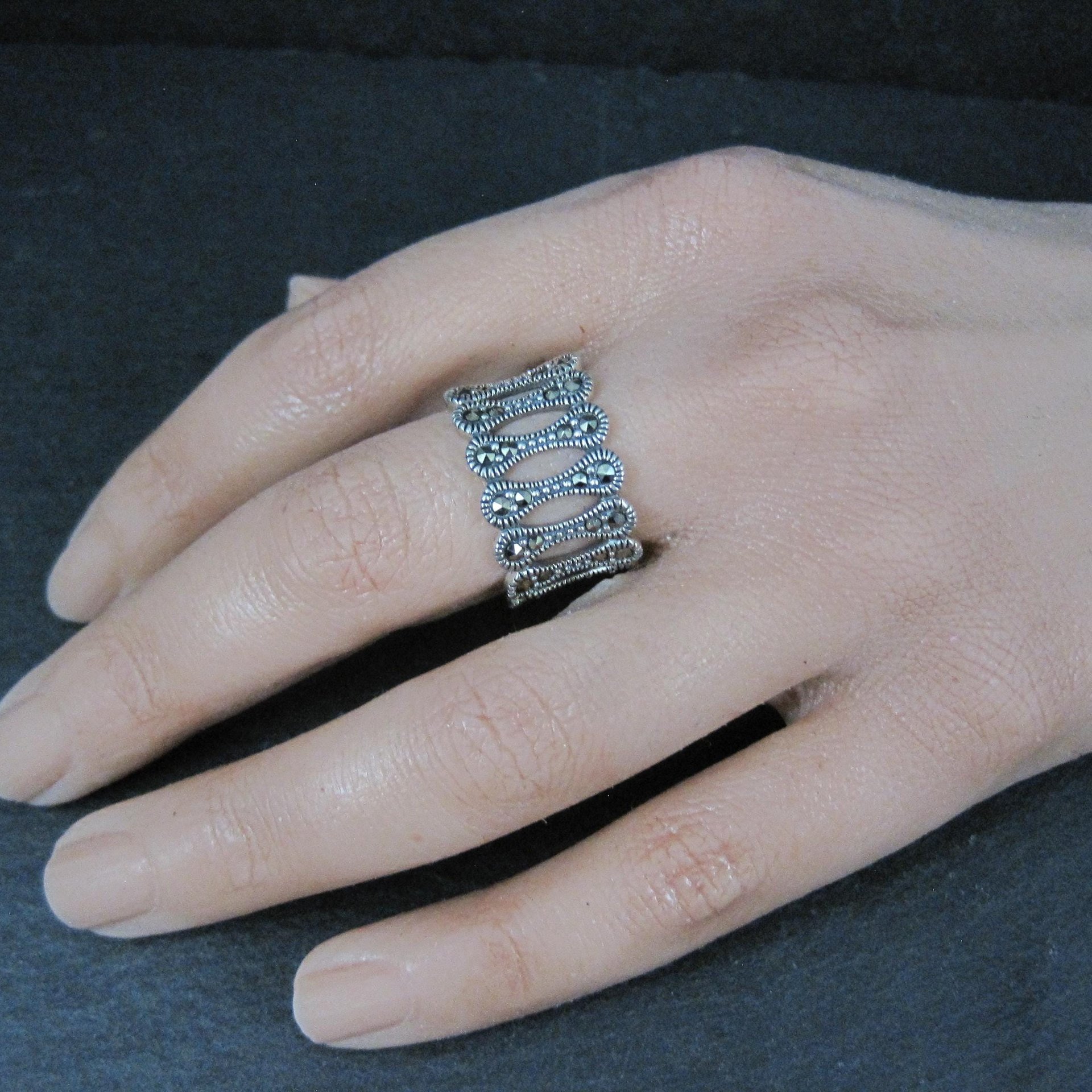 Wide Sterling Silver Marcasite Band Ring Size 7.5