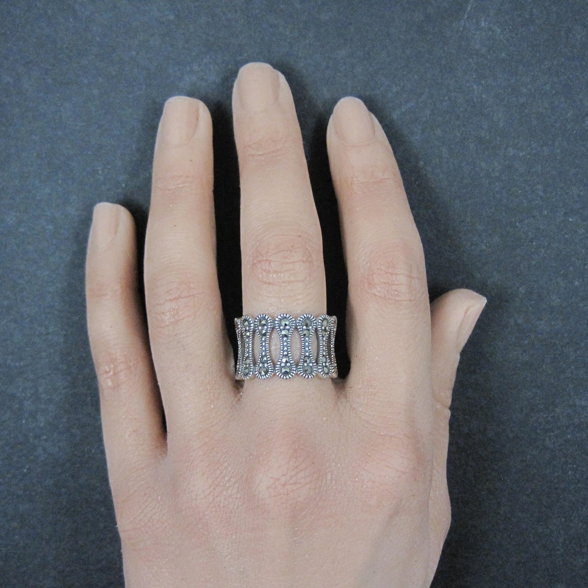 Wide Sterling Silver Marcasite Band Ring Size 7.5