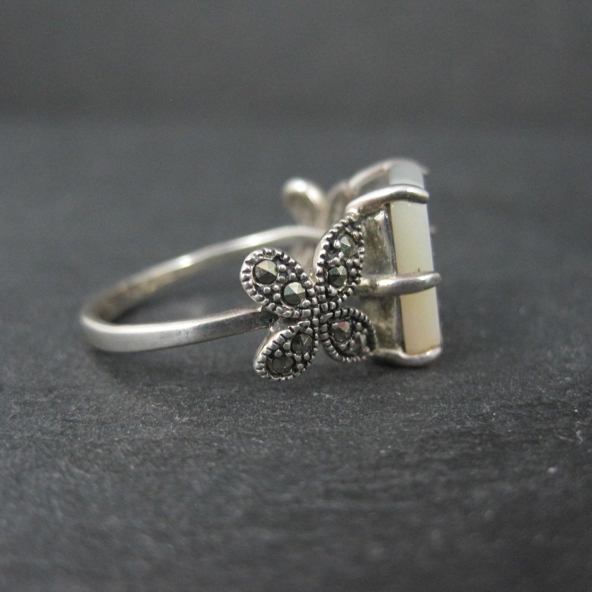 Sterling Silver Mother of Pearl and Marcasite Butterfly Ring Size 7