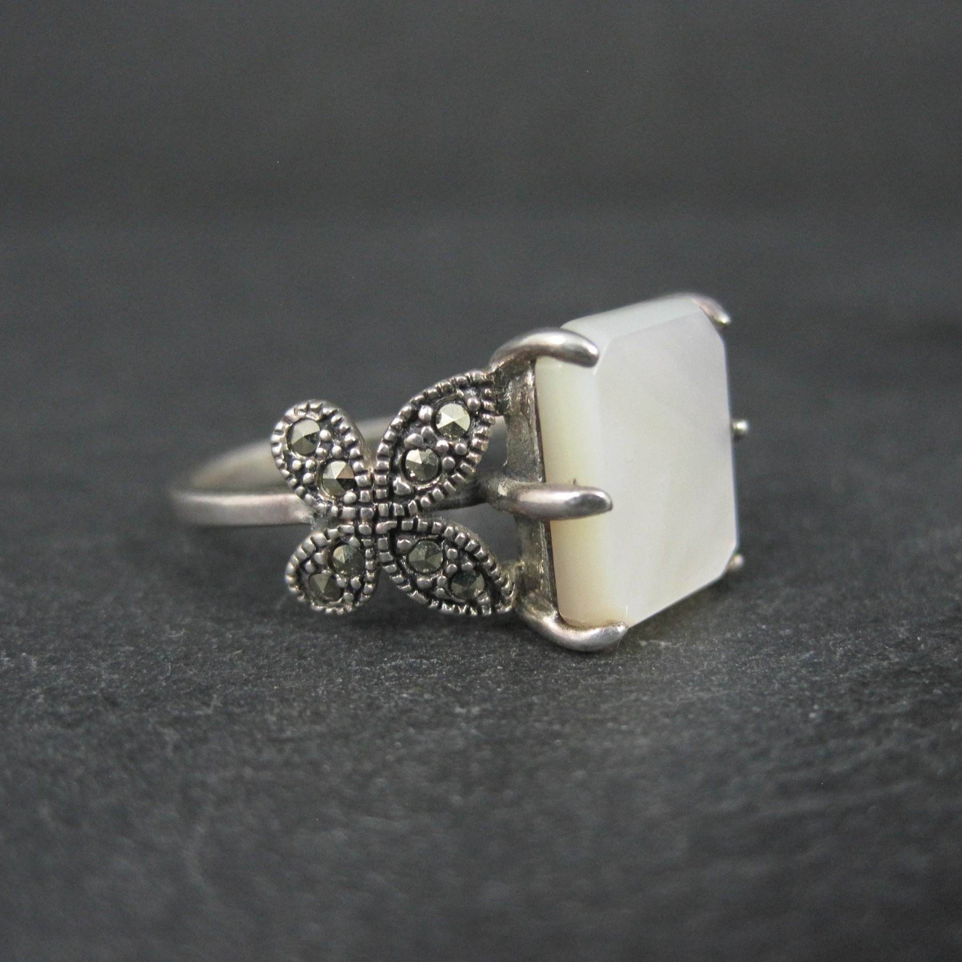 Sterling Silver Mother of Pearl and Marcasite Butterfly Ring Size 7