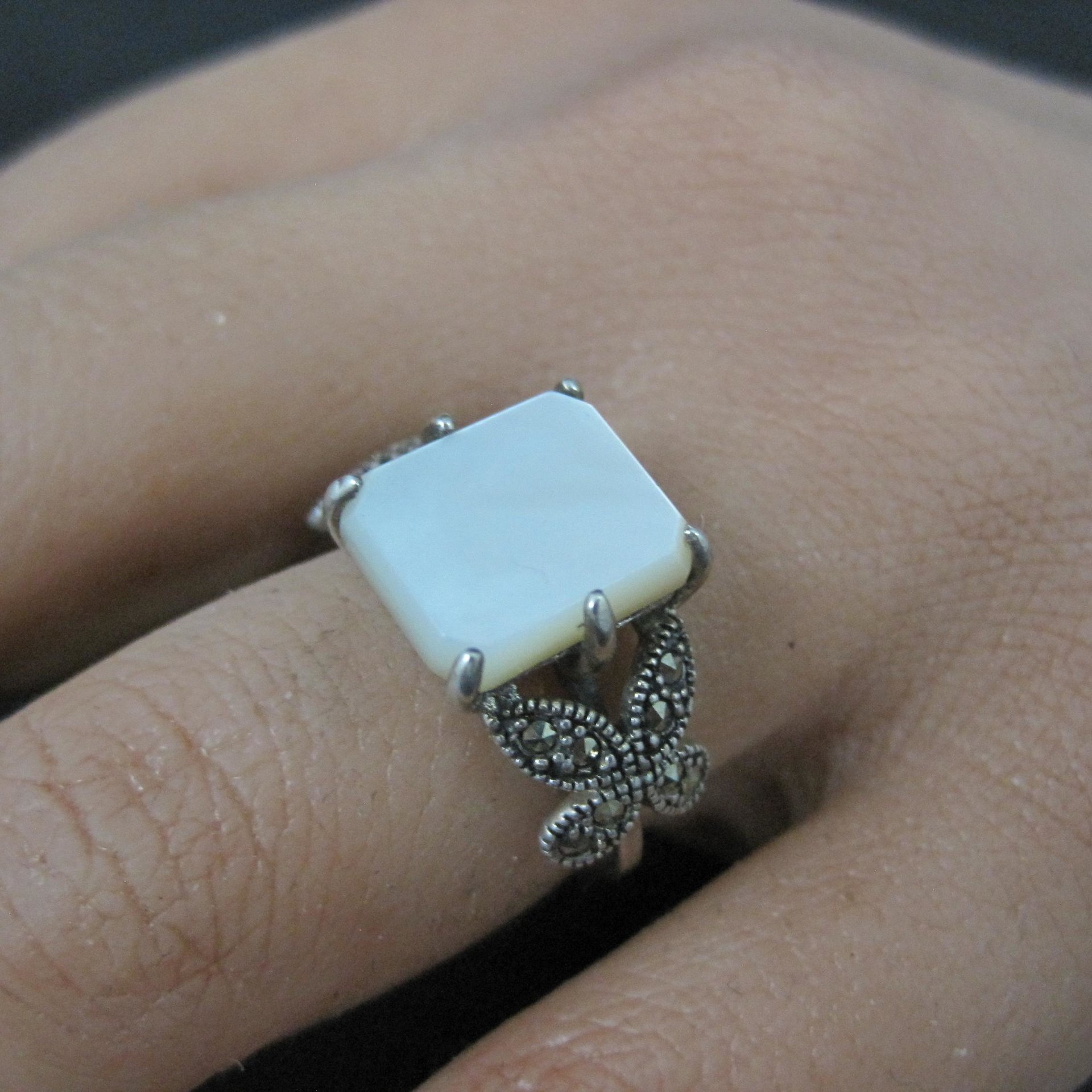 Sterling Silver Mother of Pearl and Marcasite Butterfly Ring Size 7