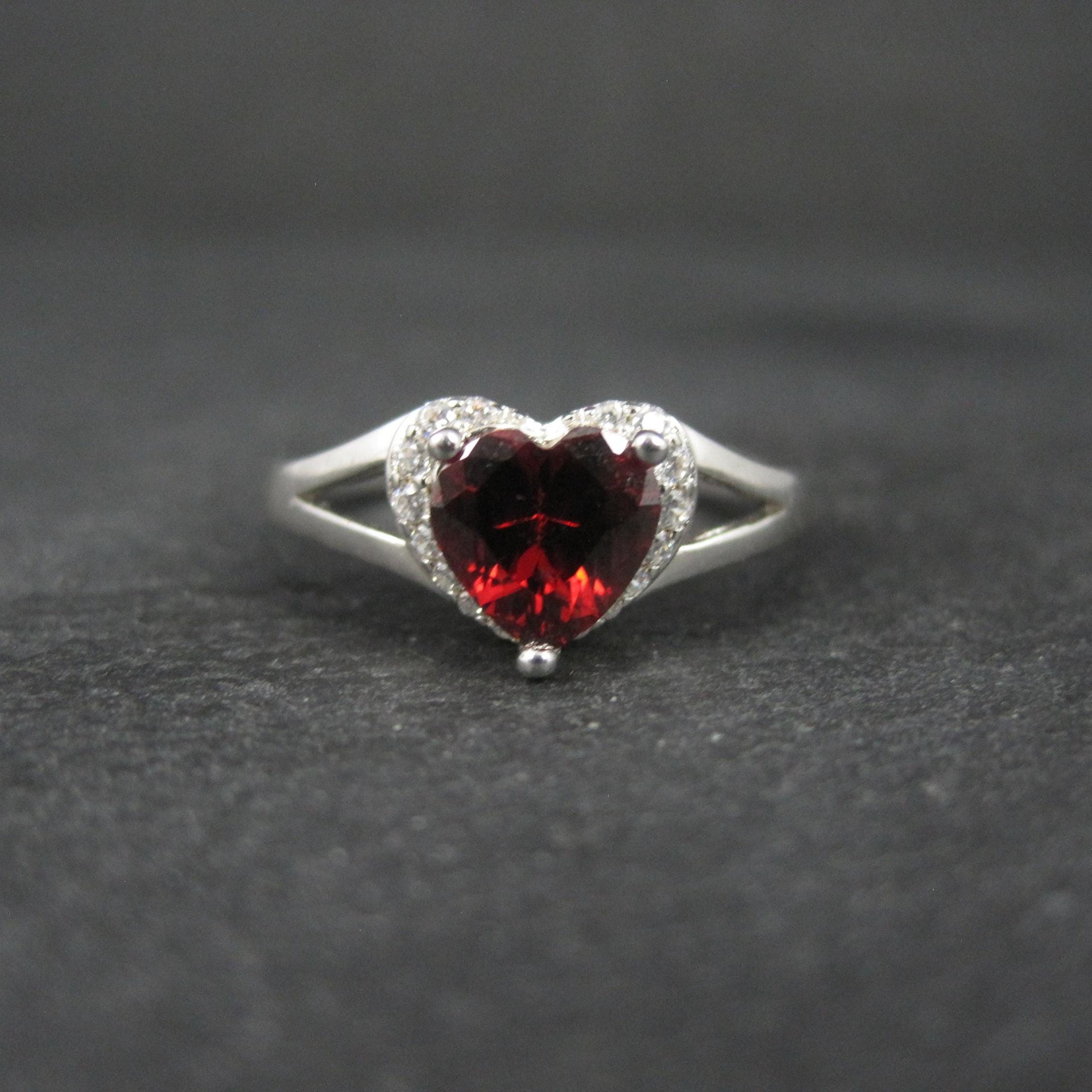 Sterling Silver Garnet Heart Ring Size 8