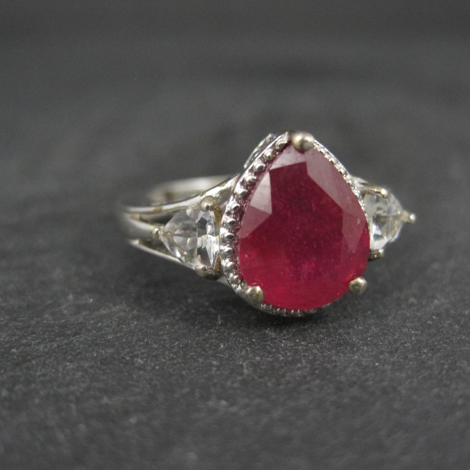 Ruby and White Topaz Ring Sterling Silver Size 5 Estate Jewelry