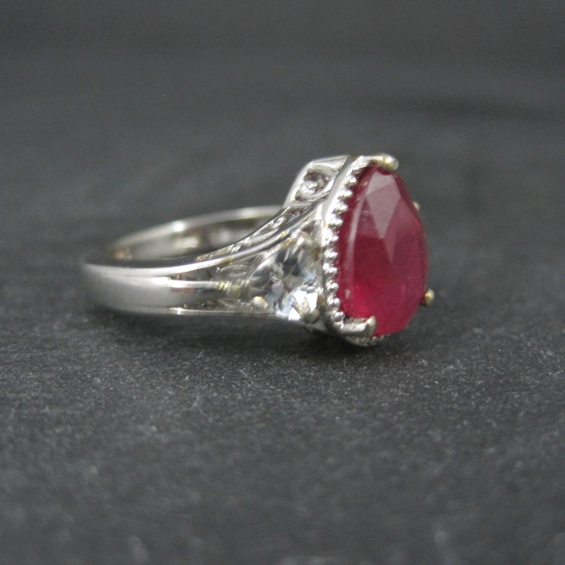 Ruby and White Topaz Ring Sterling Silver Size 5 Estate Jewelry