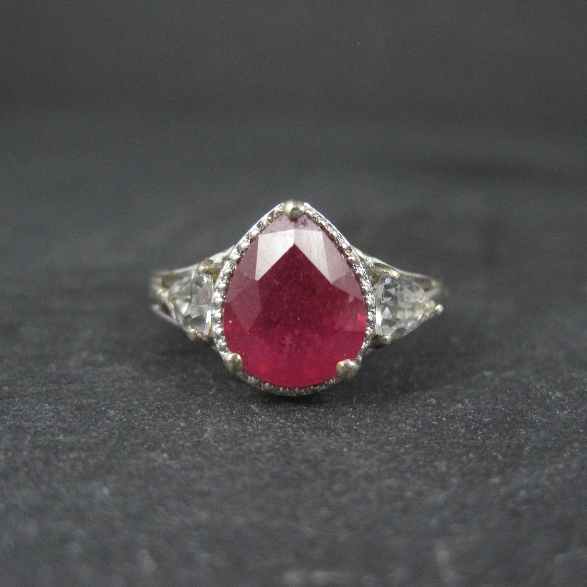 Ruby and White Topaz Ring Sterling Silver Size 5 Estate Jewelry