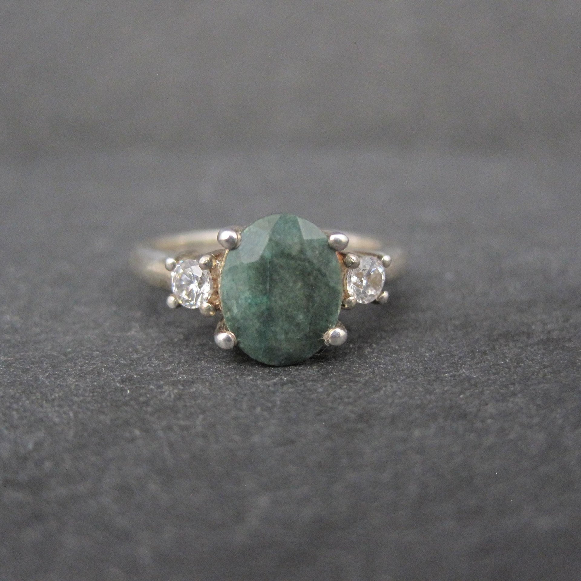 Sterling Silver Emerald and Goshenite Ring Size 6
