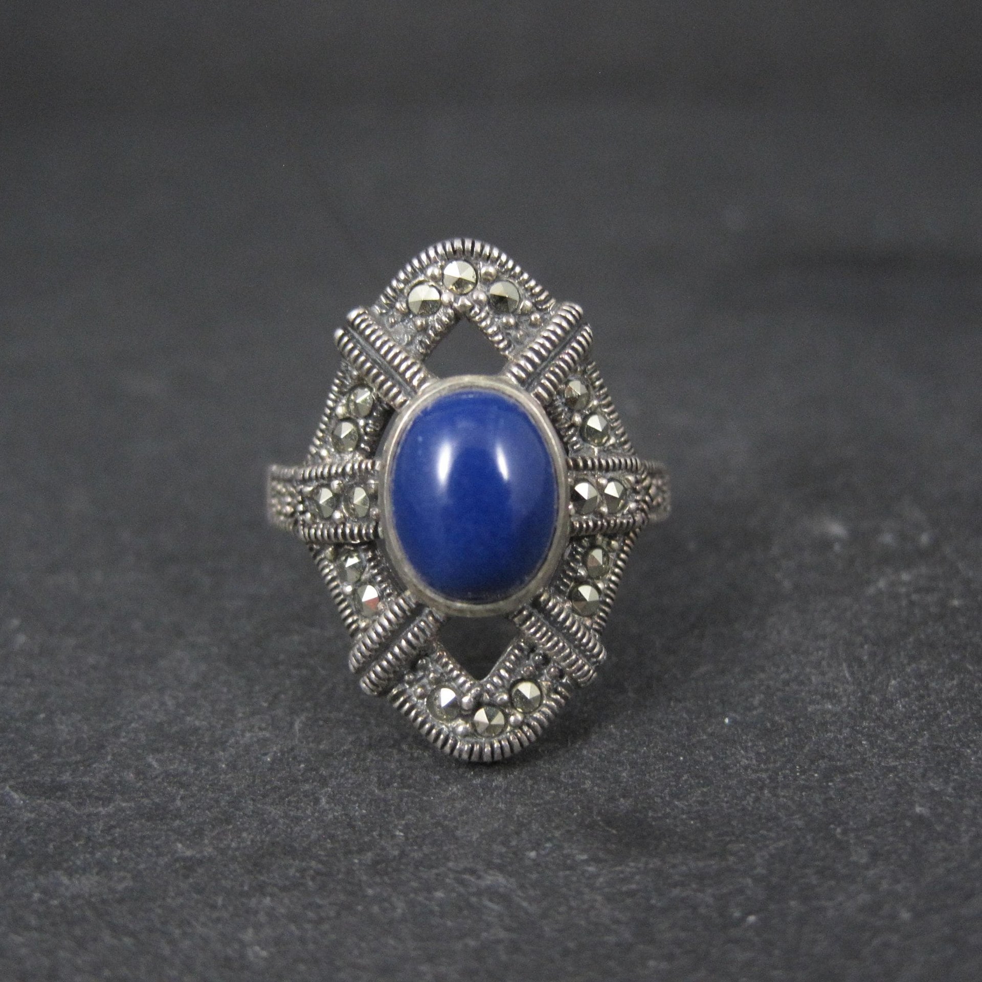 Sterling Silver Lapis Lazuli Marcasite Ring Size 8