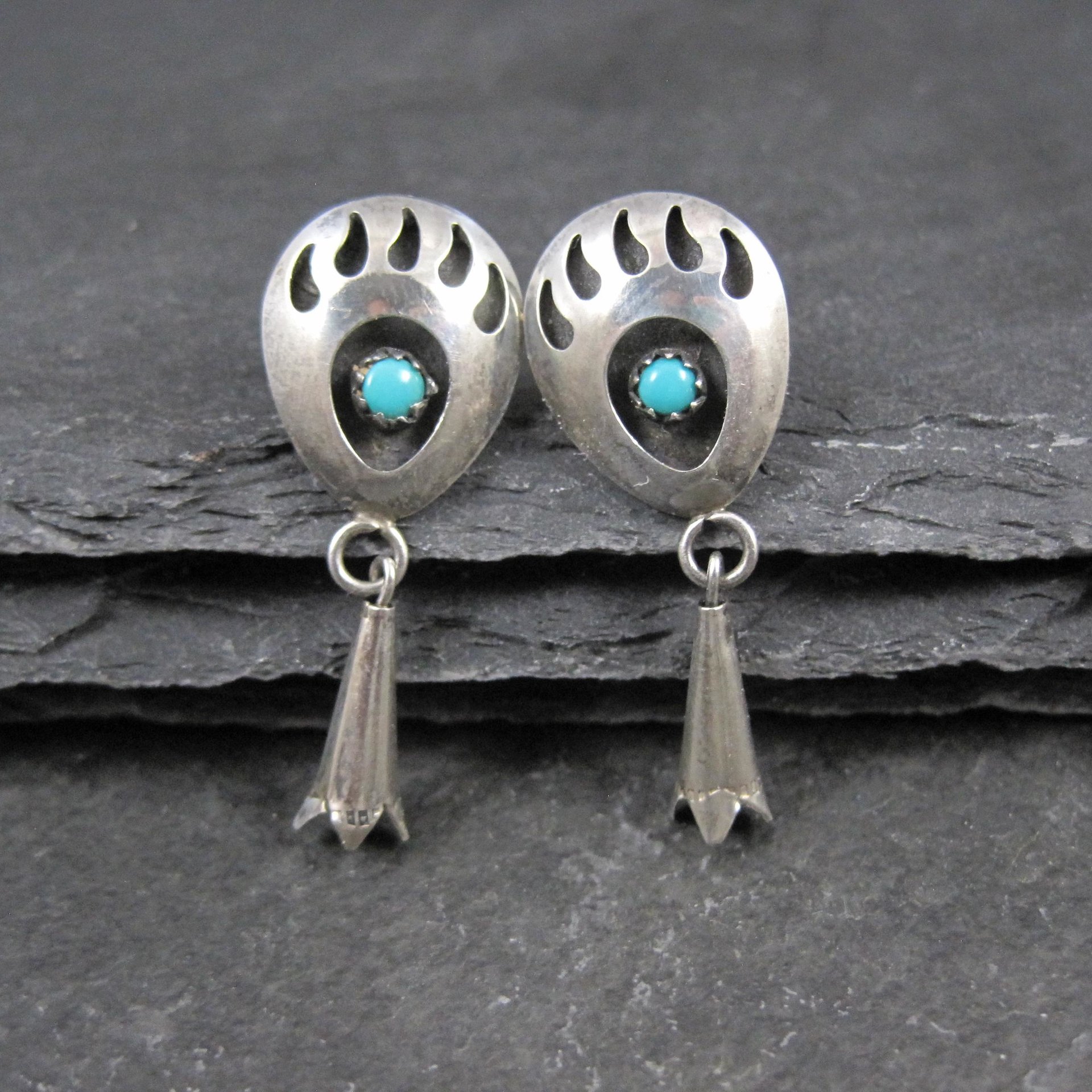 Sterling Turquoise Bear Paw Earrings Vintage Southwestern