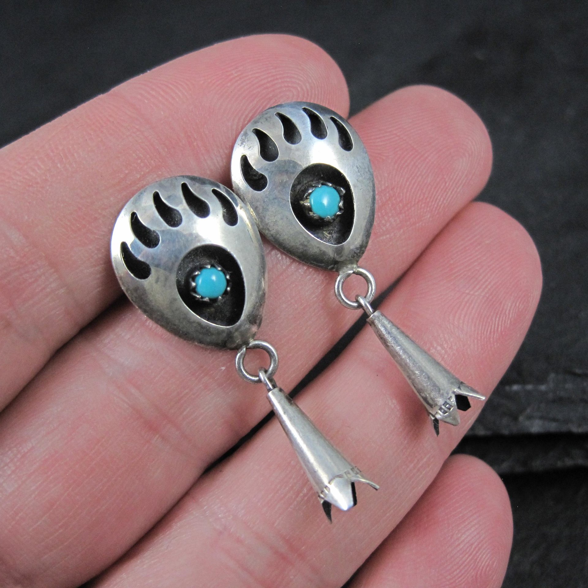 Sterling Turquoise Bear Paw Earrings Vintage Southwestern