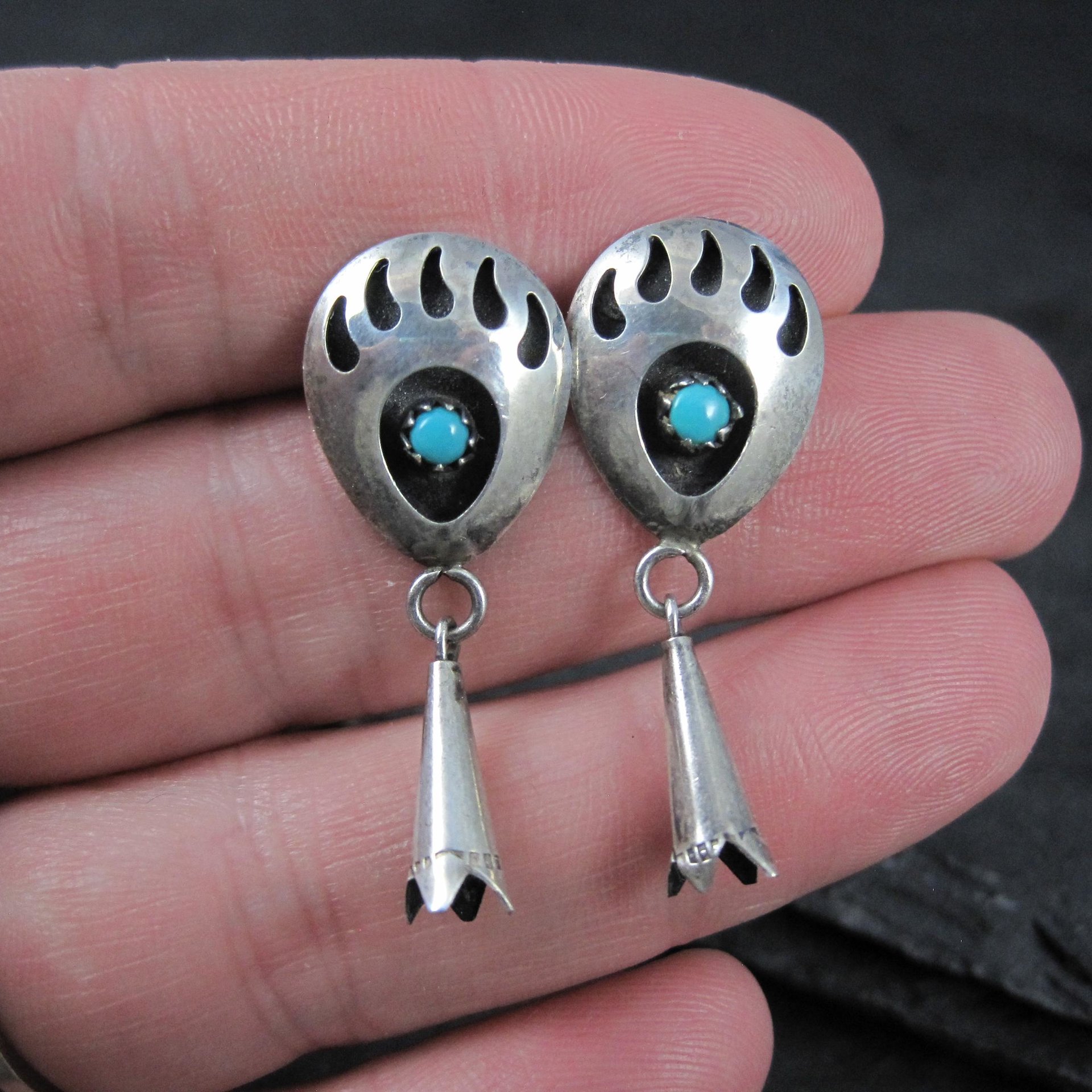 Sterling Turquoise Bear Paw Earrings Vintage Southwestern