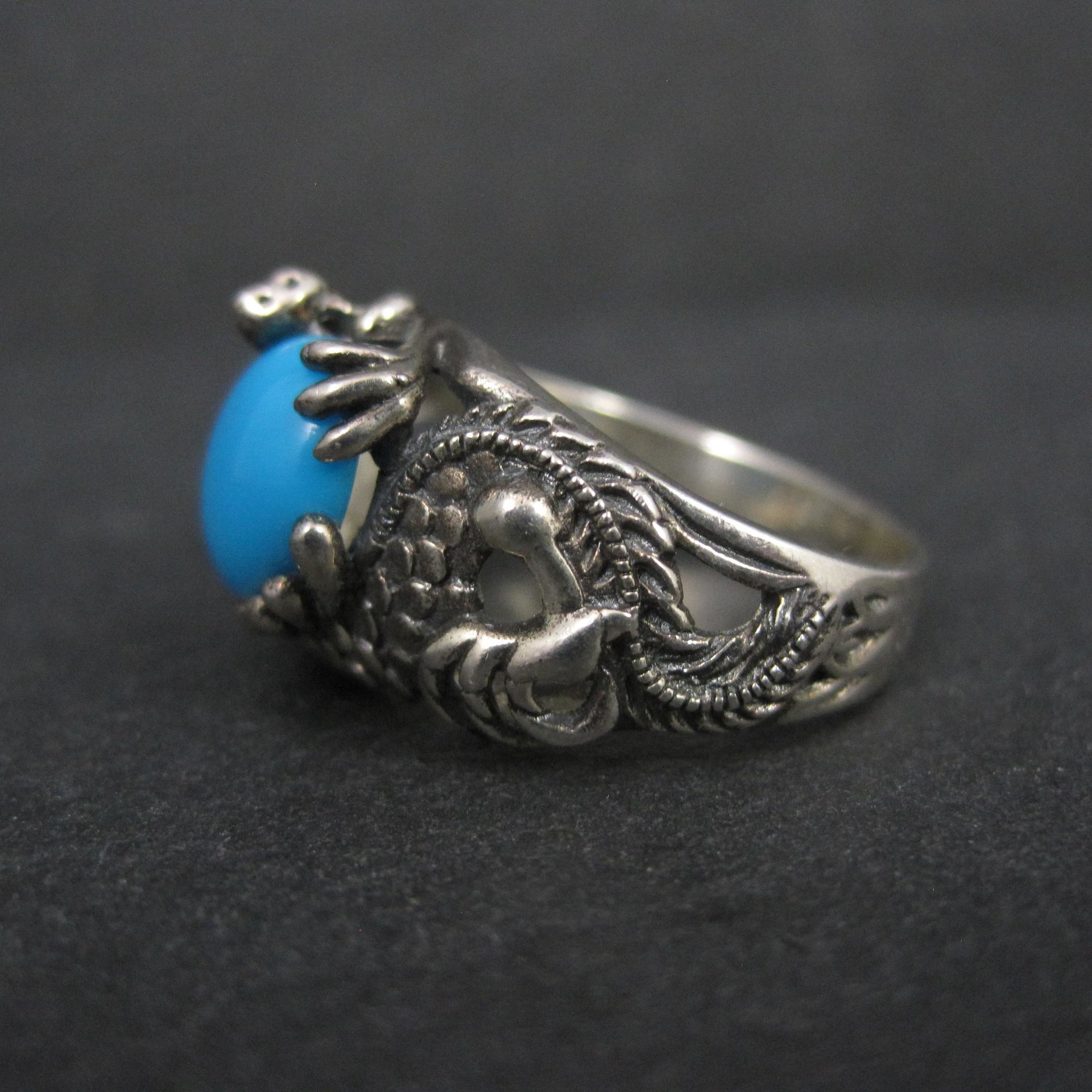 Estate Sterling Silver Turquoise Dragon Ring Size 7