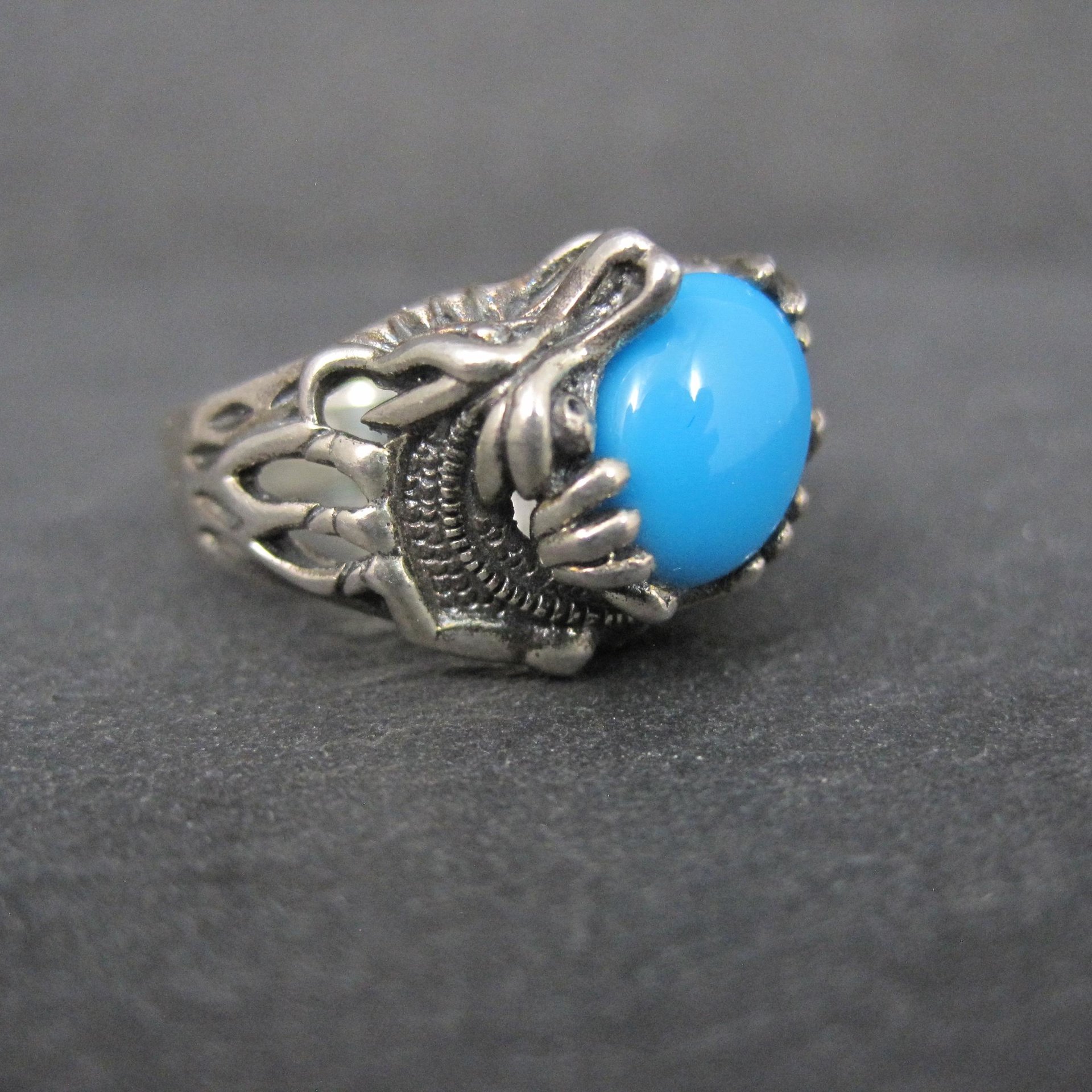 Estate Sterling Silver Turquoise Dragon Ring Size 7