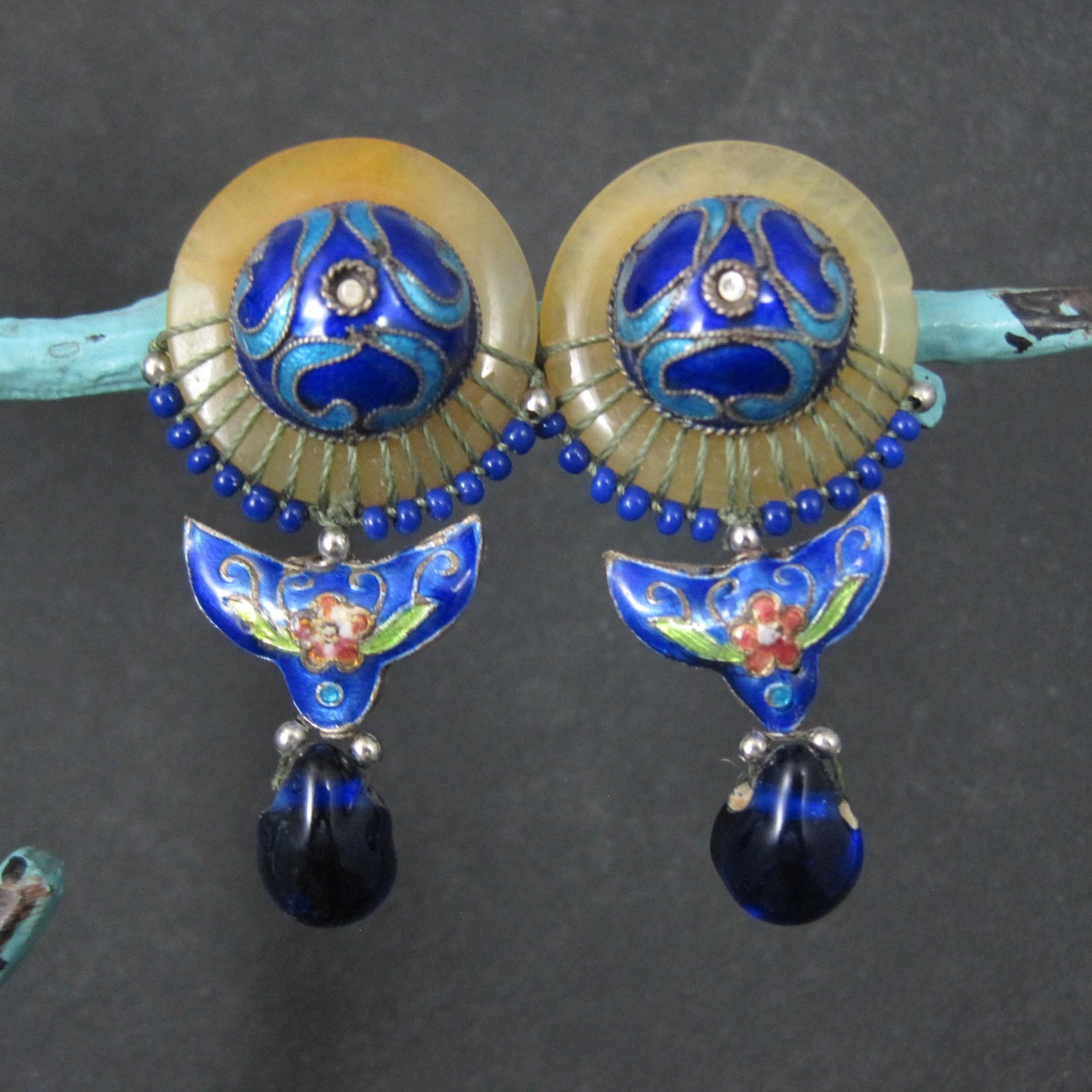 Vintage Cloisonne Enamel Jade Earrings Chinese Export French Backs