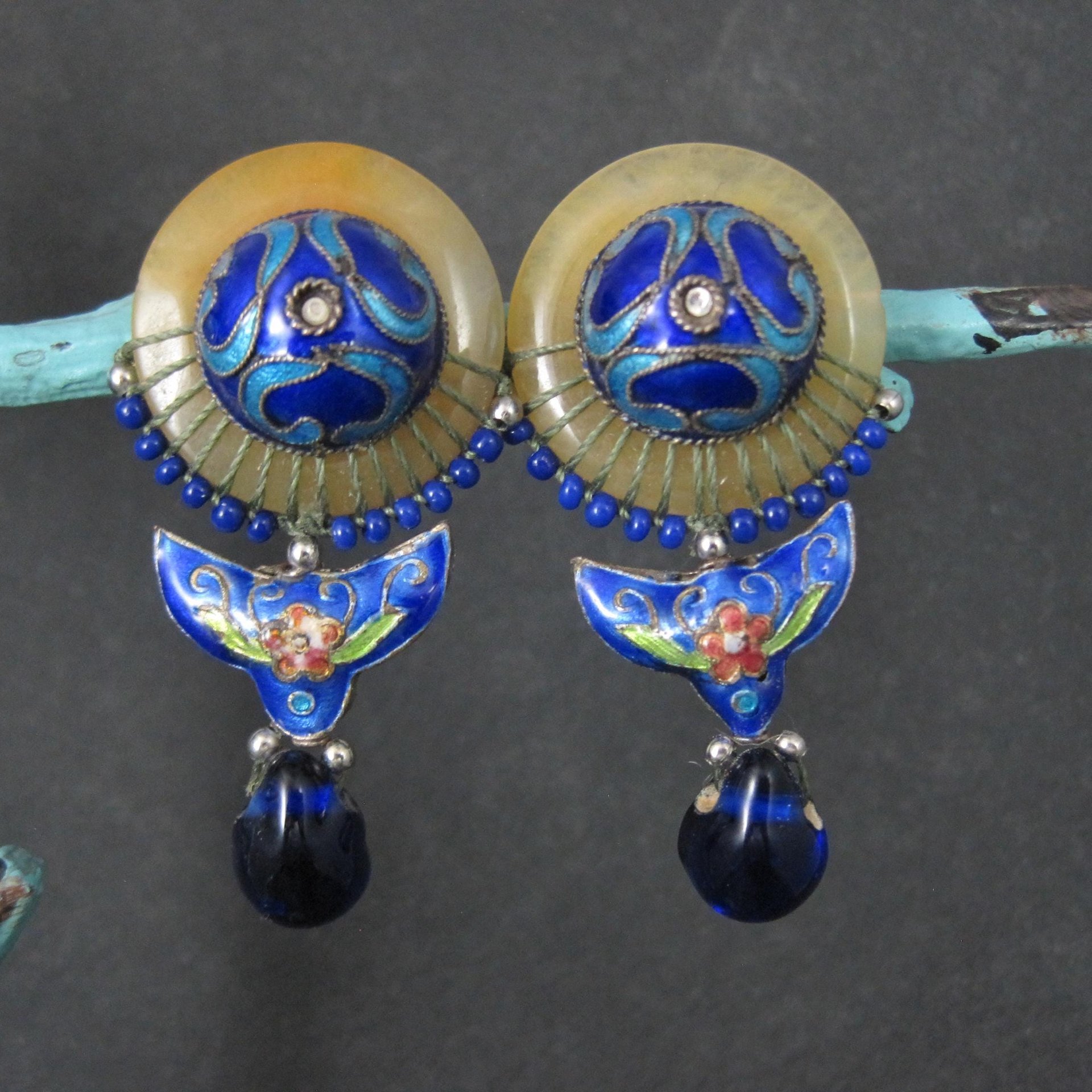 Vintage Cloisonne Enamel Jade Earrings Chinese Export French Backs