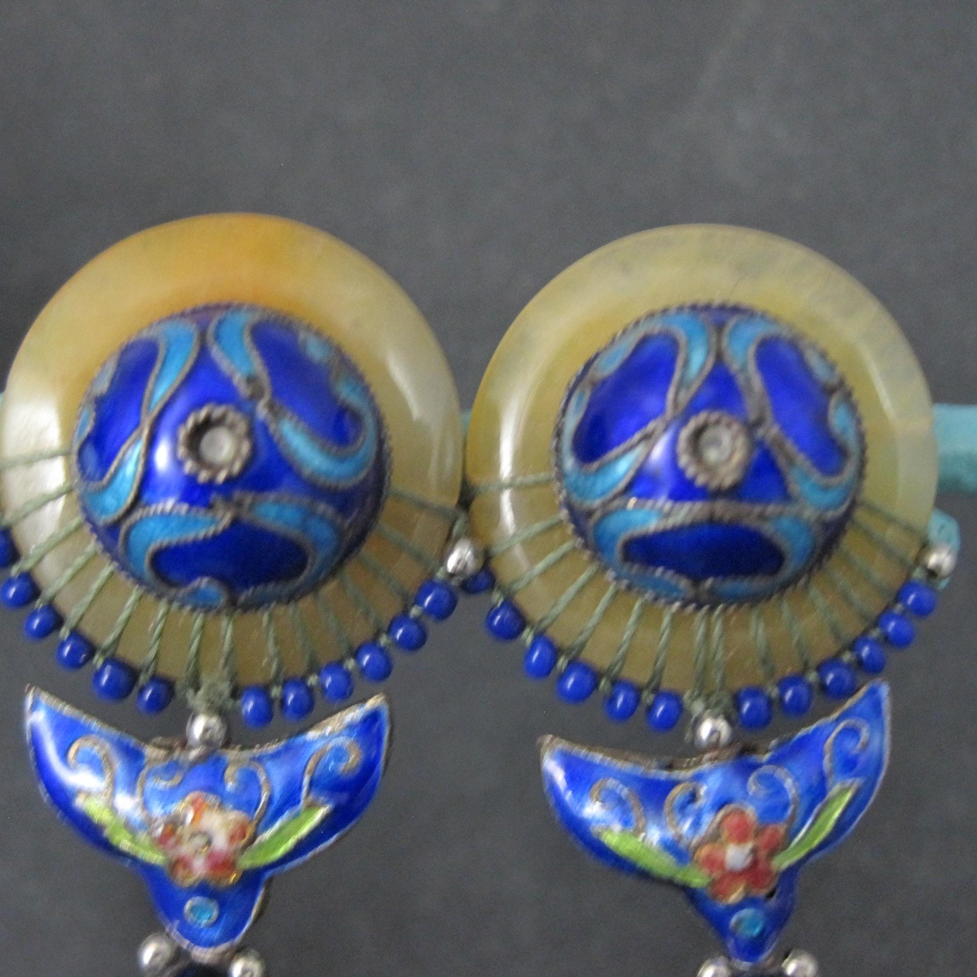 Vintage Cloisonne Enamel Jade Earrings Chinese Export French Backs
