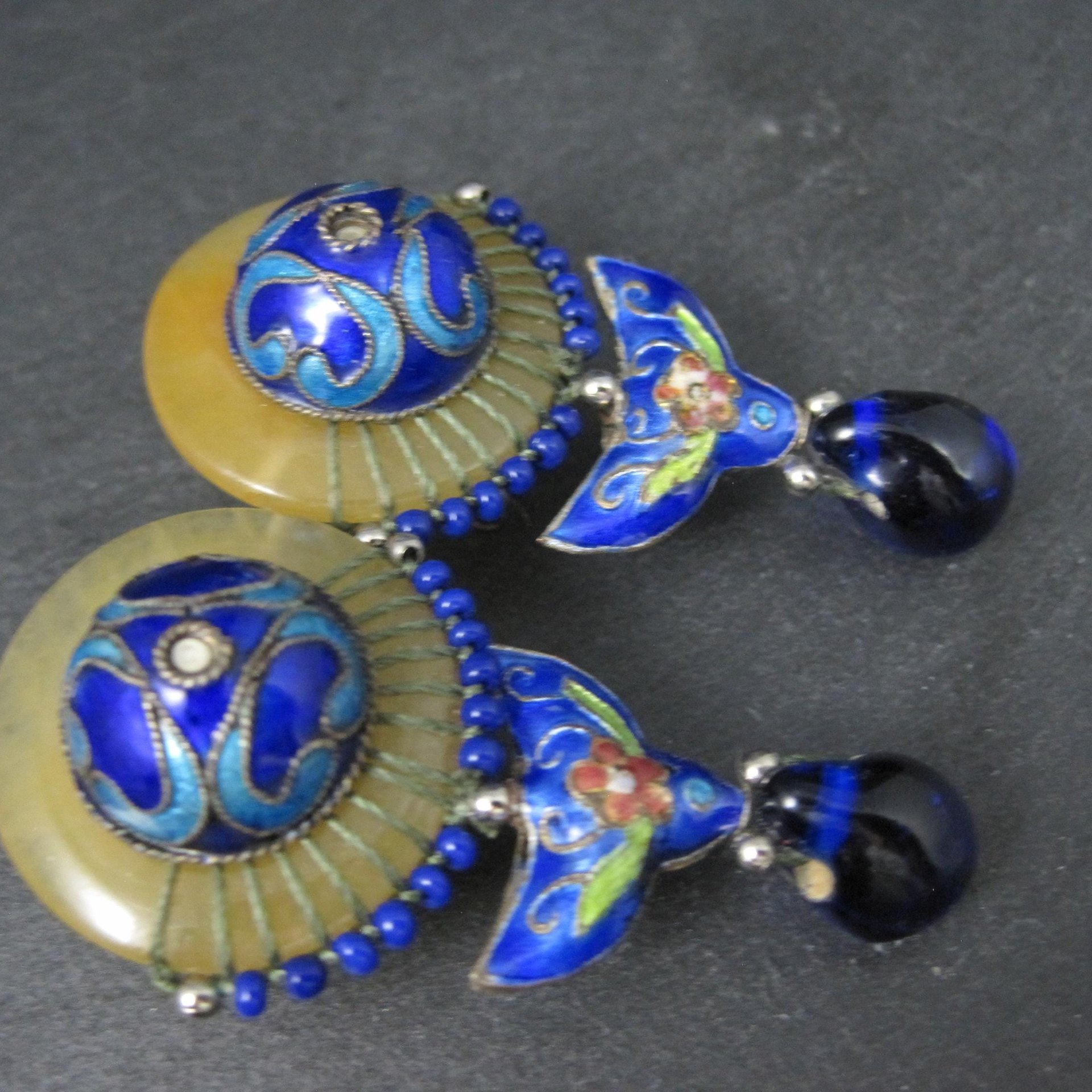 Vintage Cloisonne Enamel Jade Earrings Chinese Export French Backs