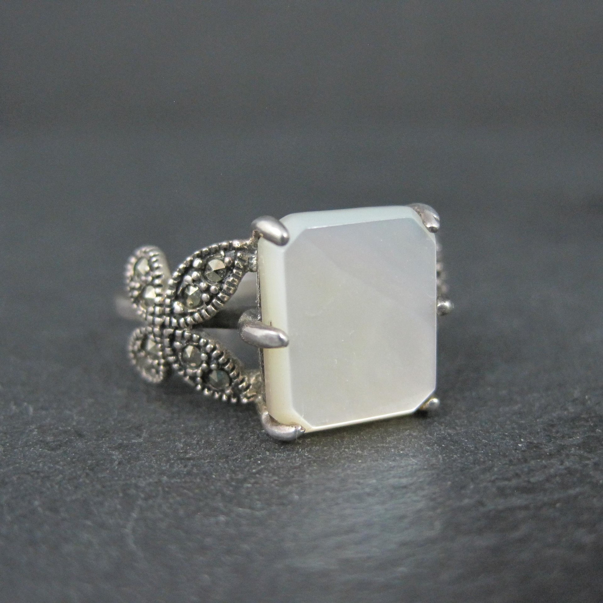 Sterling Silver Mother of Pearl and Marcasite Butterfly Ring Size 7