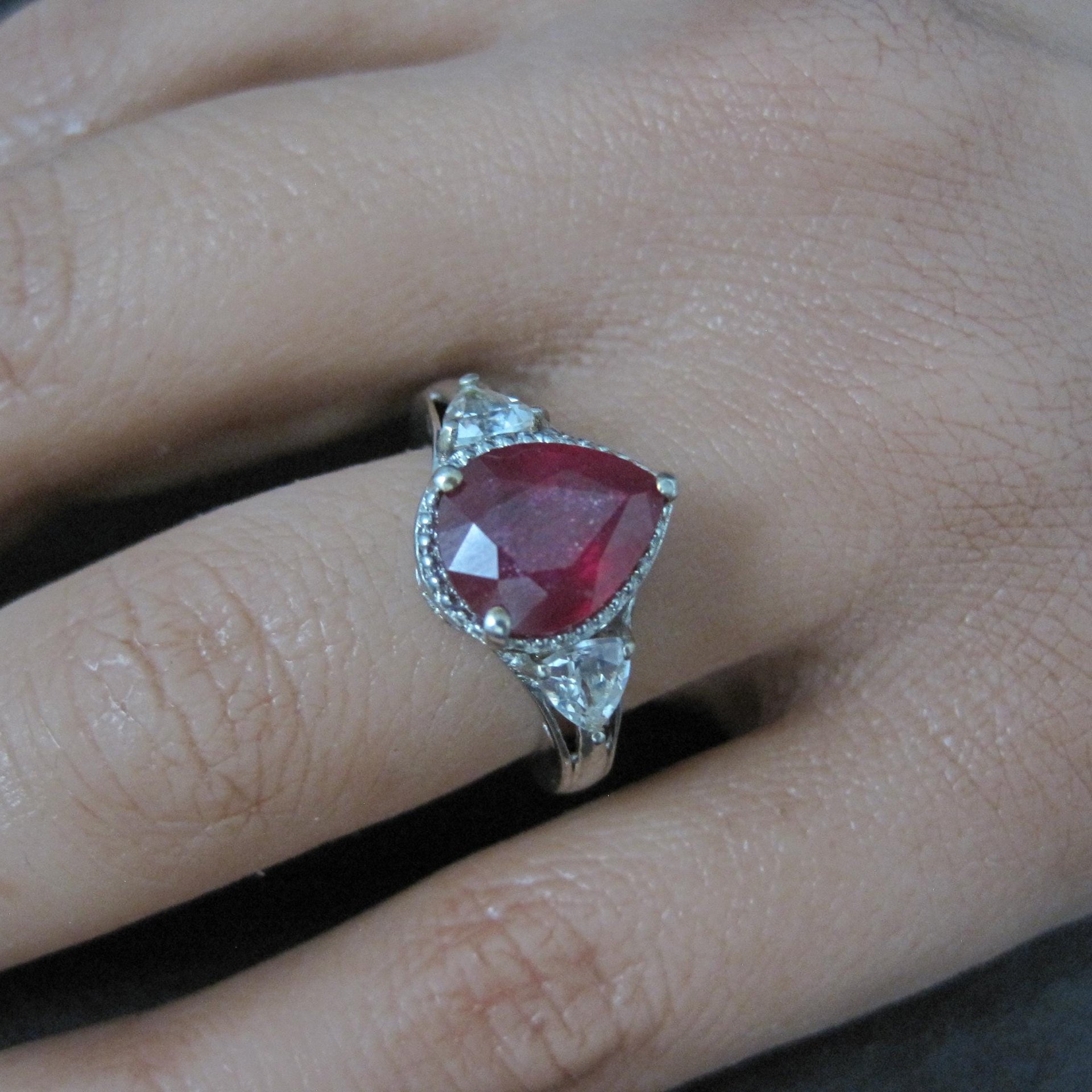 Ruby and White Topaz Ring Sterling Silver Size 5 Estate Jewelry