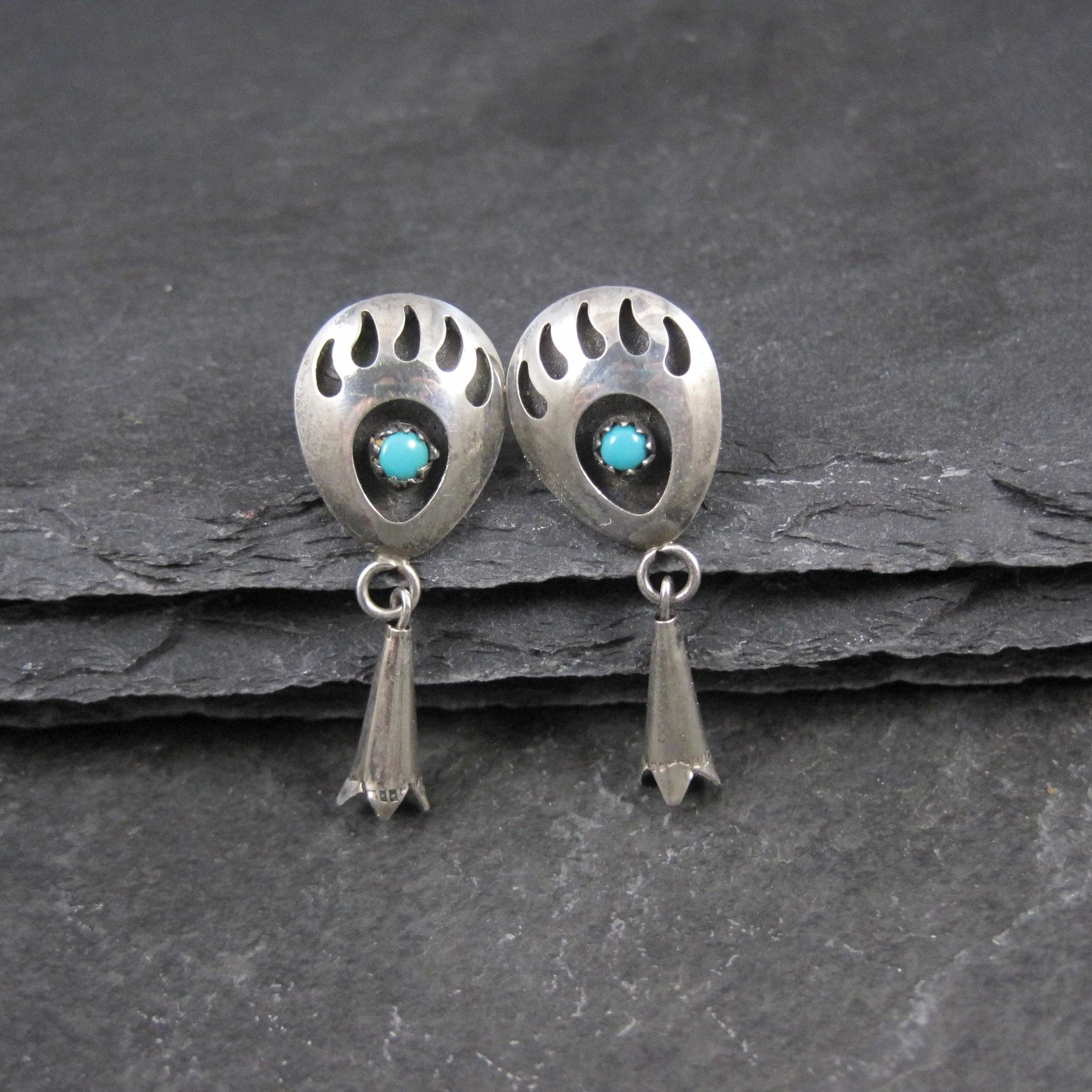 Sterling Turquoise Bear Paw Earrings Vintage Southwestern