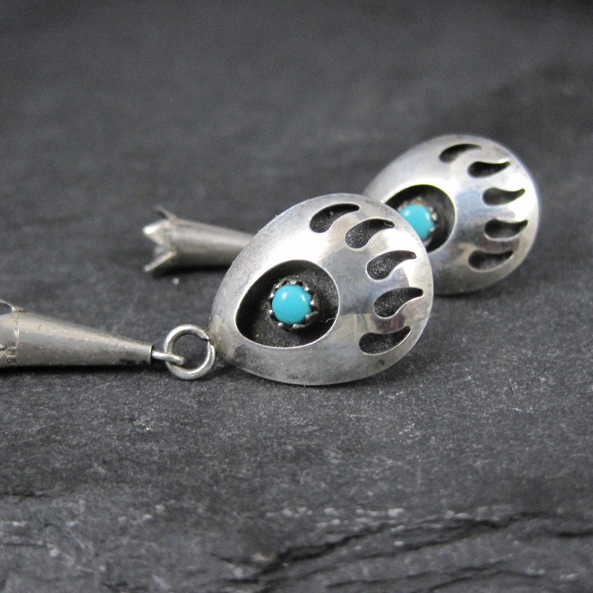Sterling Turquoise Bear Paw Earrings Vintage Southwestern