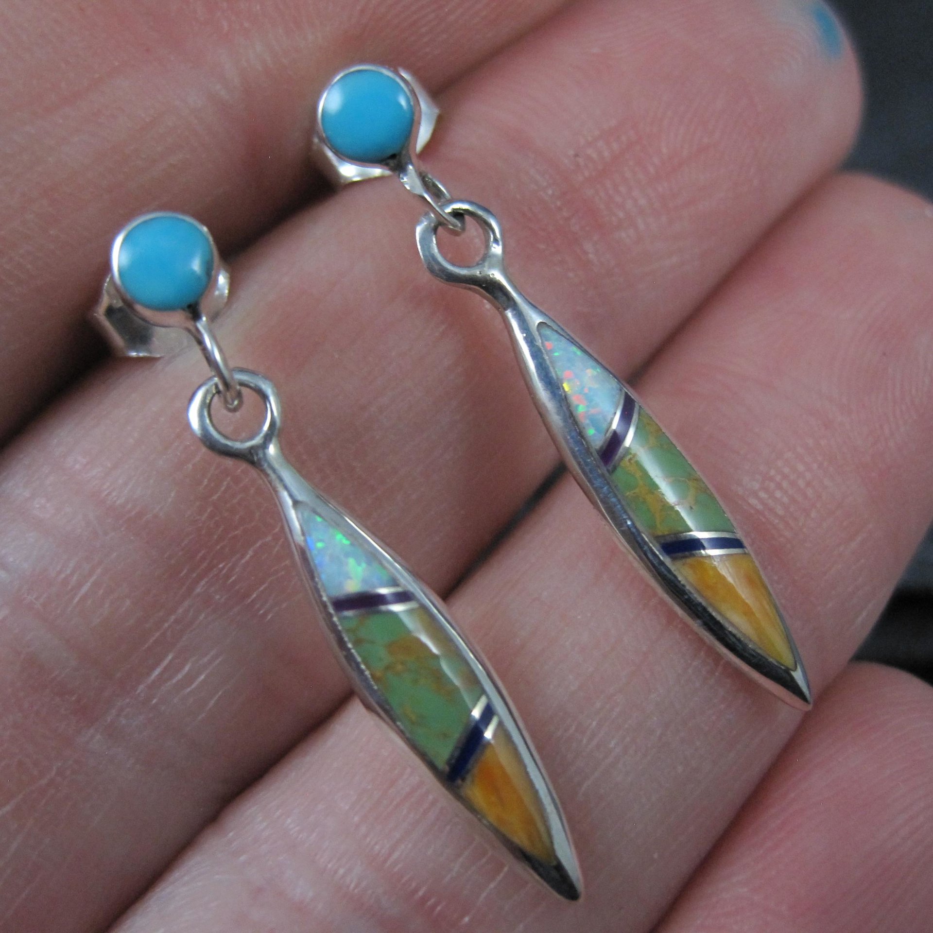 Dainty Southwestern Sterling Inlay Earrings Estate Silver