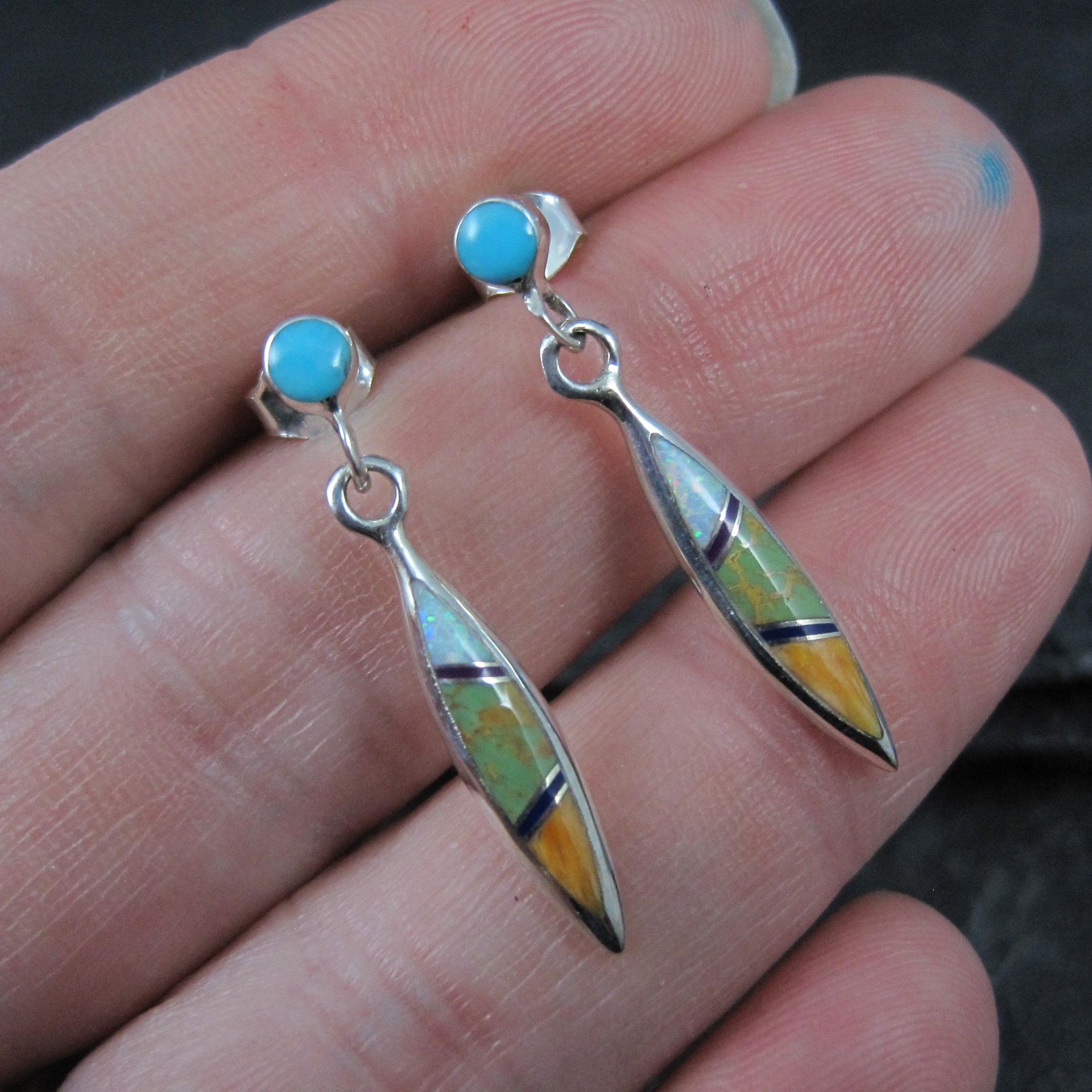 Dainty Southwestern Sterling Inlay Earrings Estate Silver