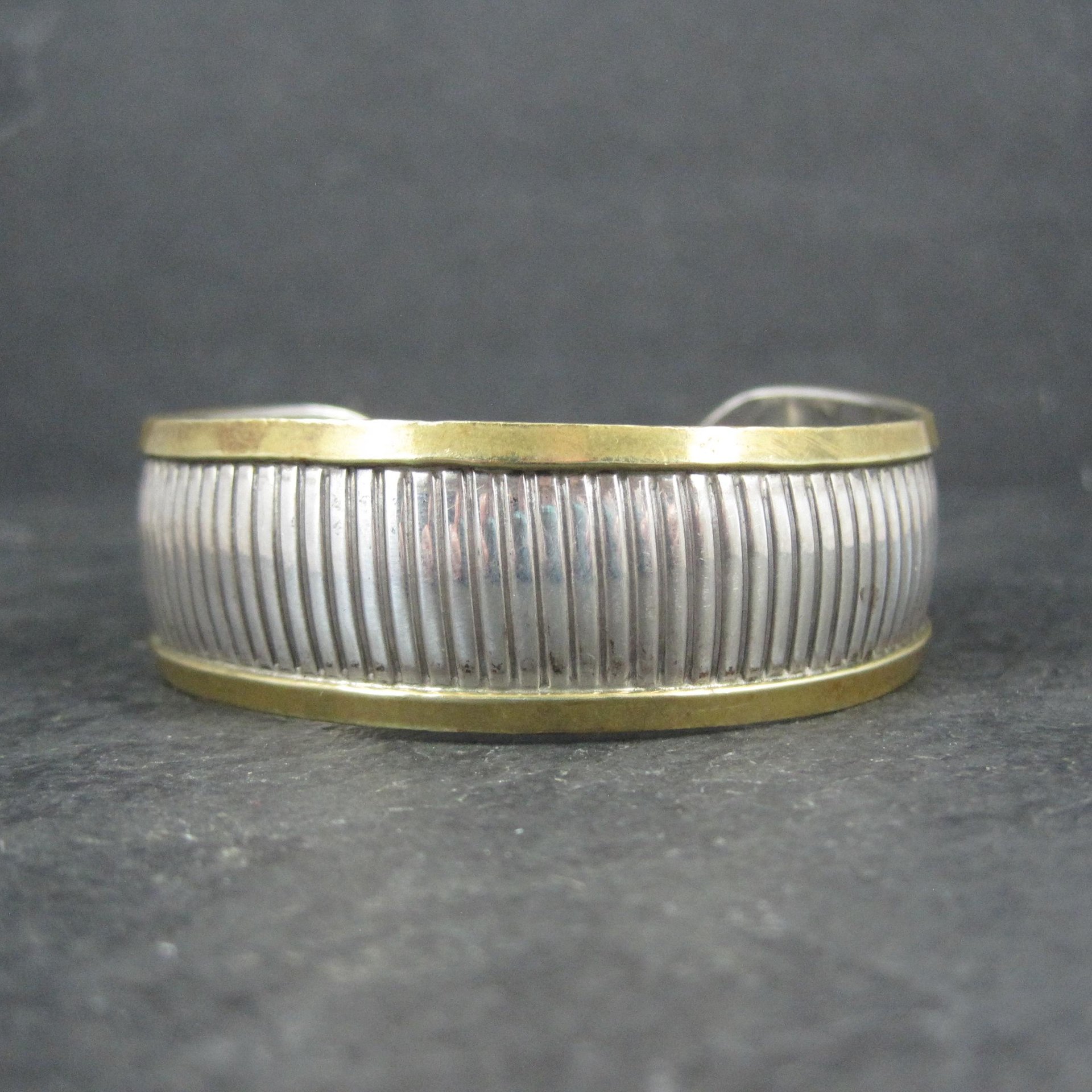 Vintage Sterling and Brass Cuff Bracelet 6 Inches Mexican Silver