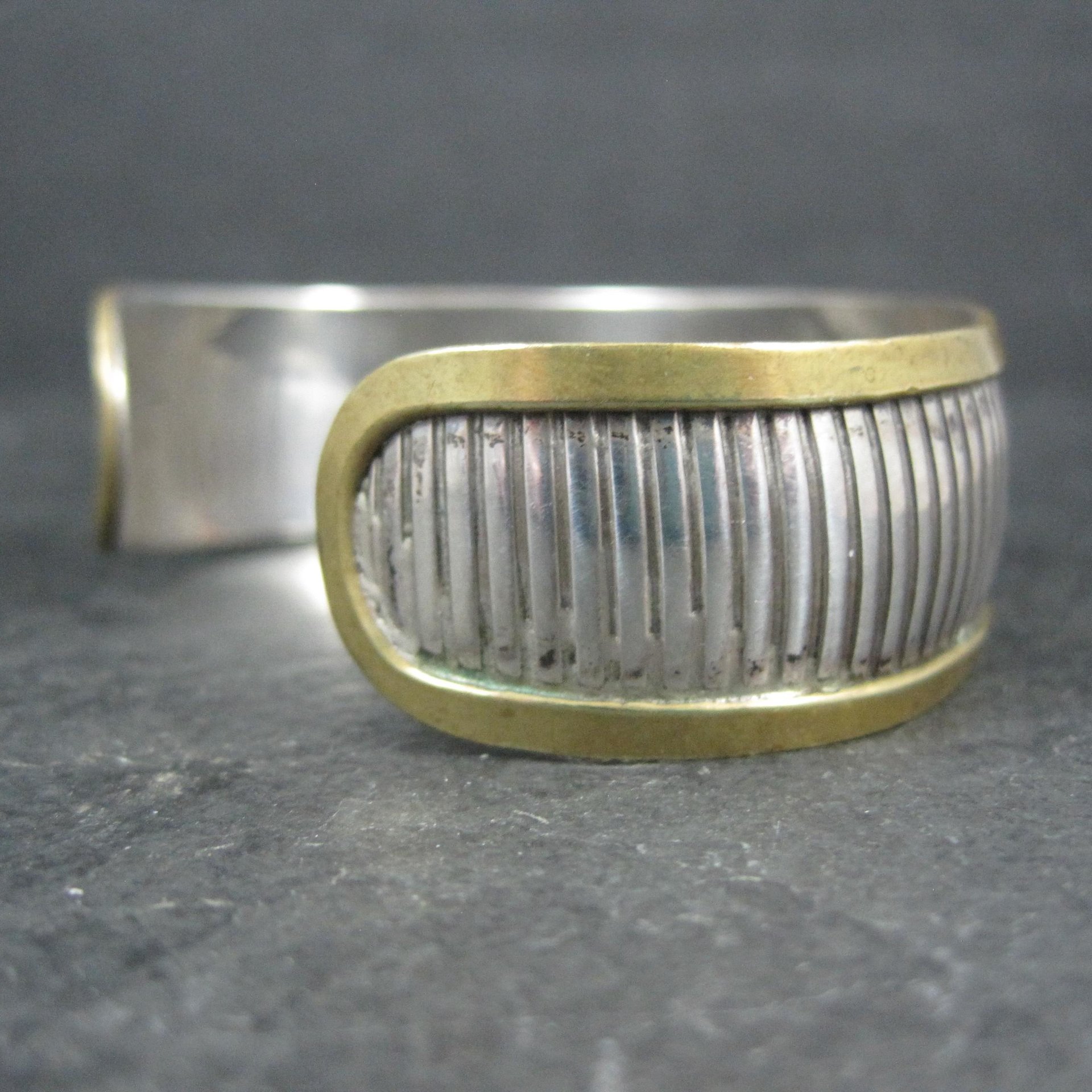 Vintage Sterling and Brass Cuff Bracelet 6 Inches Mexican Silver