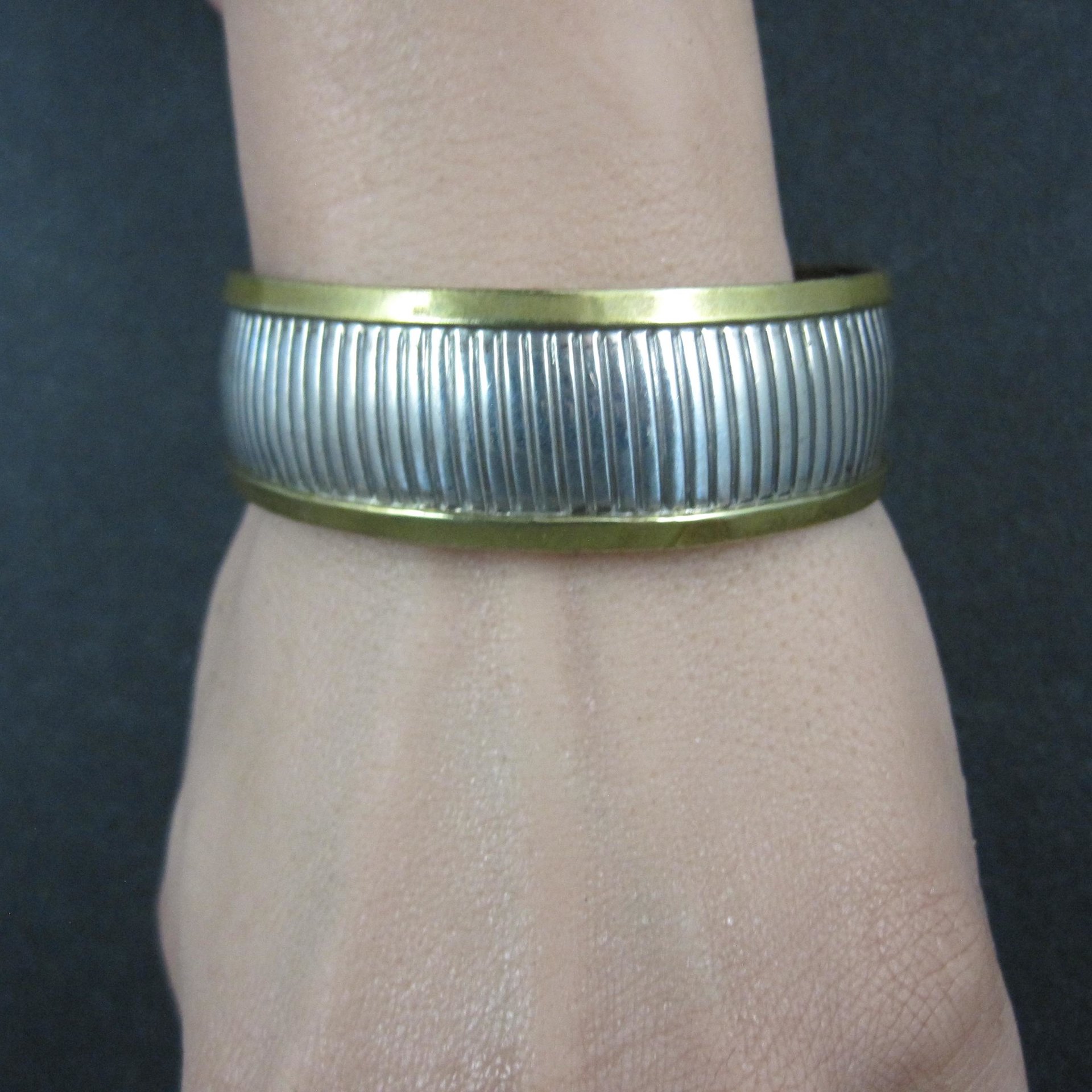 Vintage Sterling and Brass Cuff Bracelet 6 Inches Mexican Silver