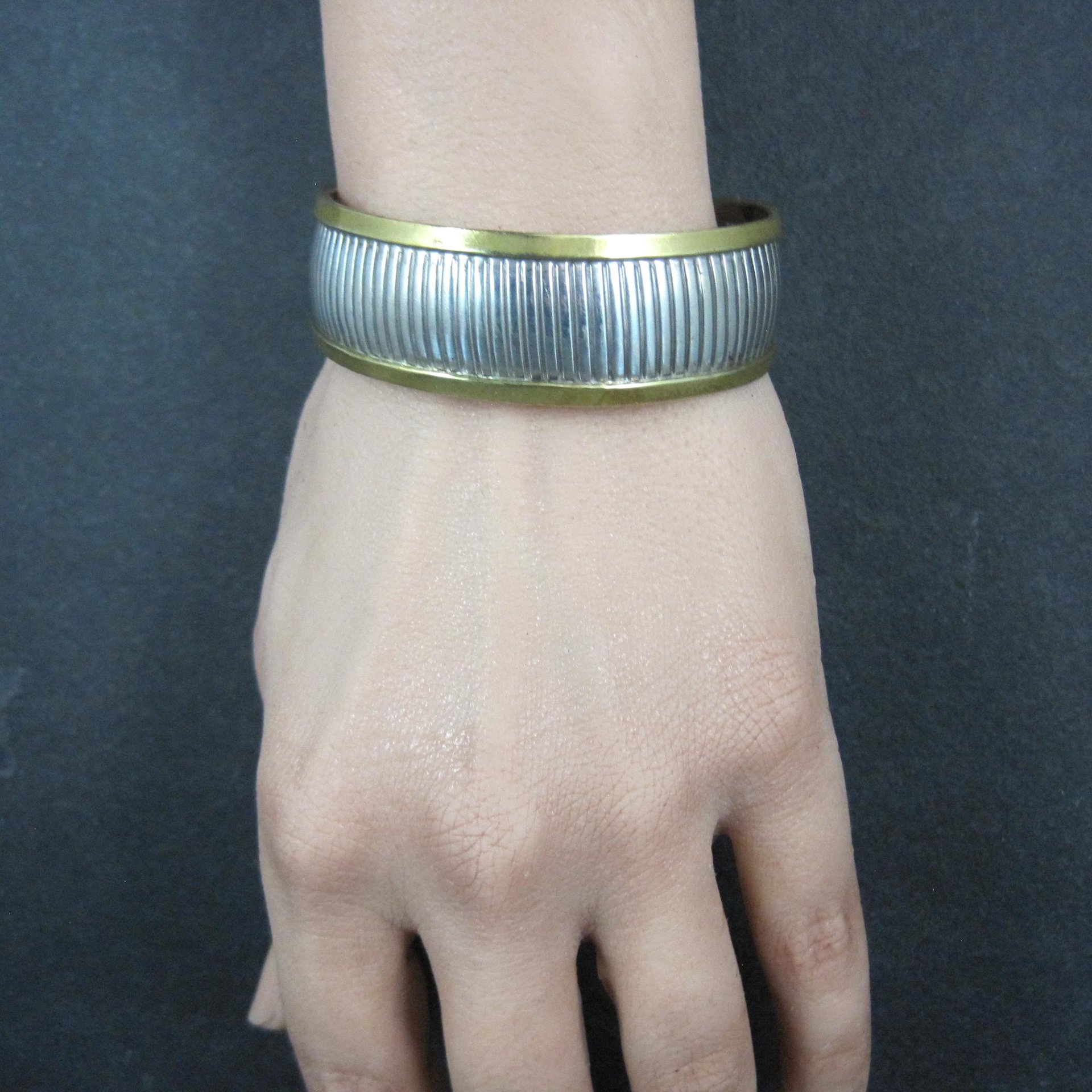 Vintage Sterling and Brass Cuff Bracelet 6 Inches Mexican Silver