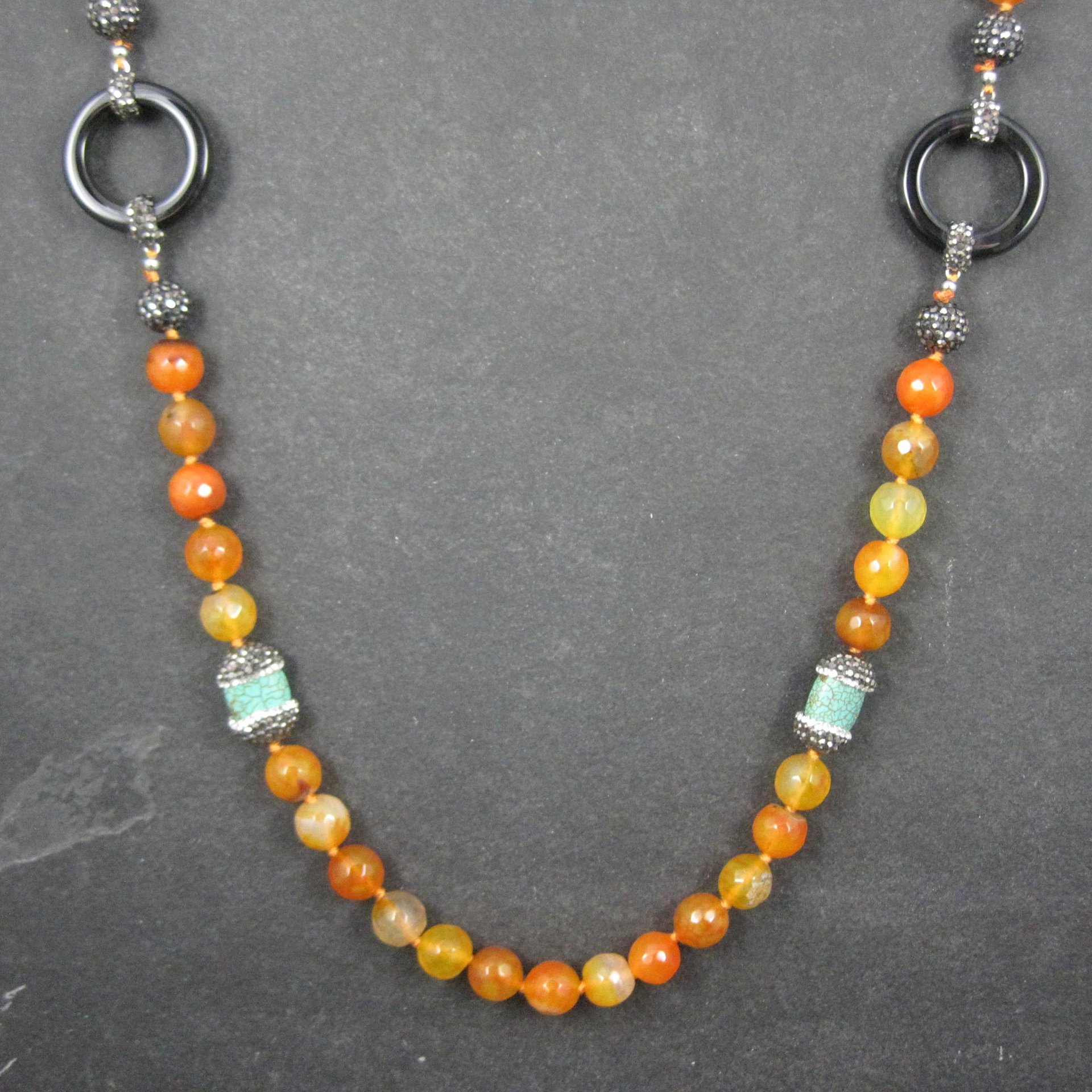 Estate Orange Quartz Marcasite Turquoise Bead Necklace 38"
