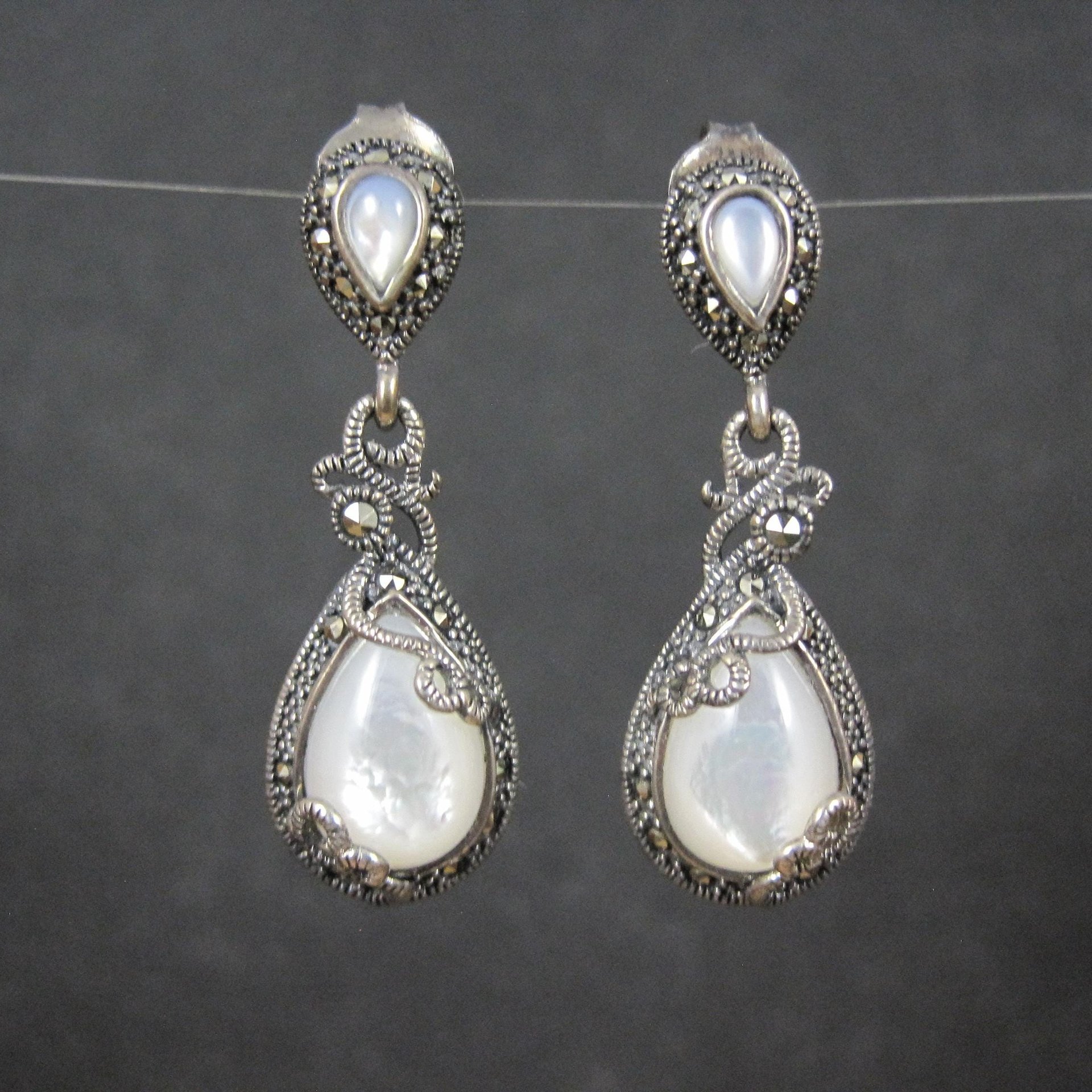 Vintage Sterling Silver Mother of Pearl Marcasite Earrings