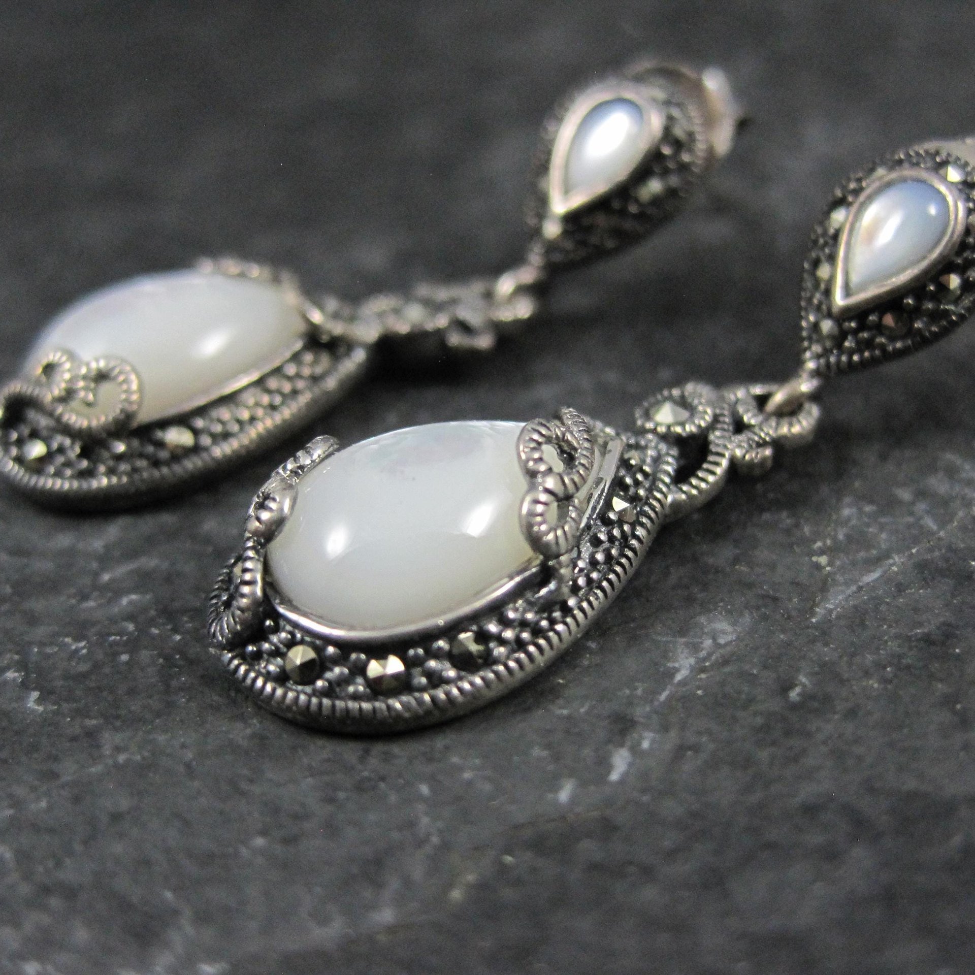 Vintage Sterling Silver Mother of Pearl Marcasite Earrings