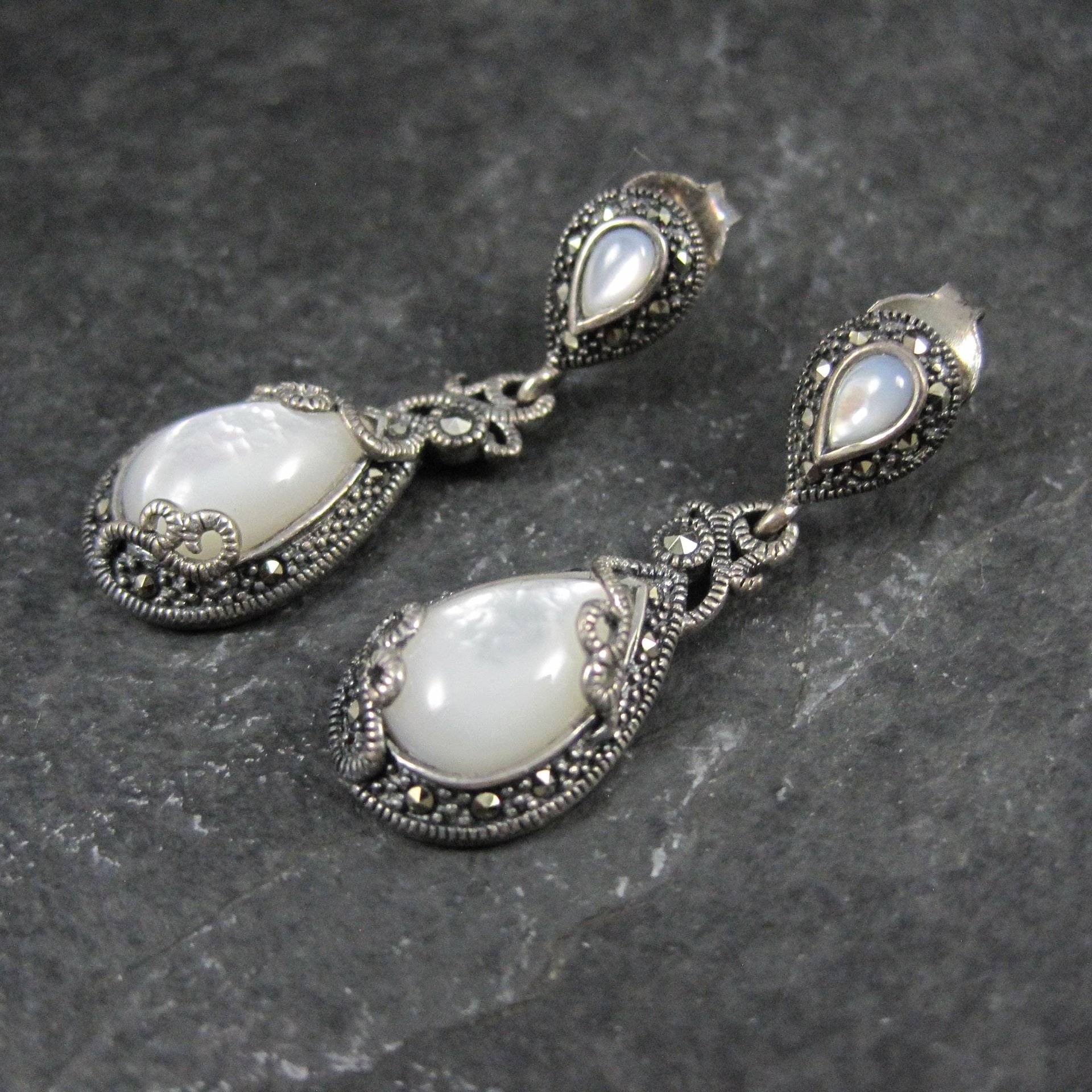 Vintage Sterling Silver Mother of Pearl Marcasite Earrings