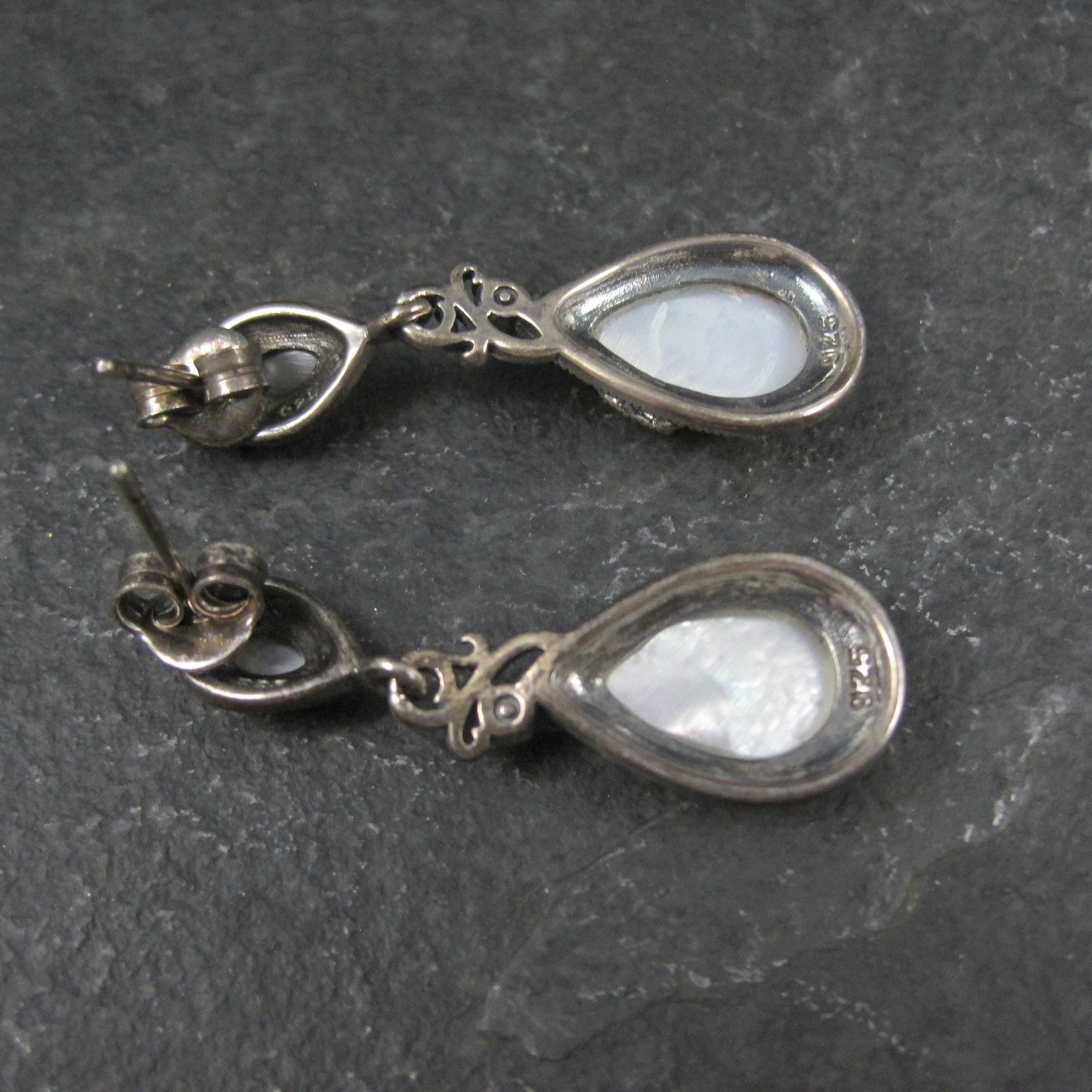 Vintage Sterling Silver Mother of Pearl Marcasite Earrings