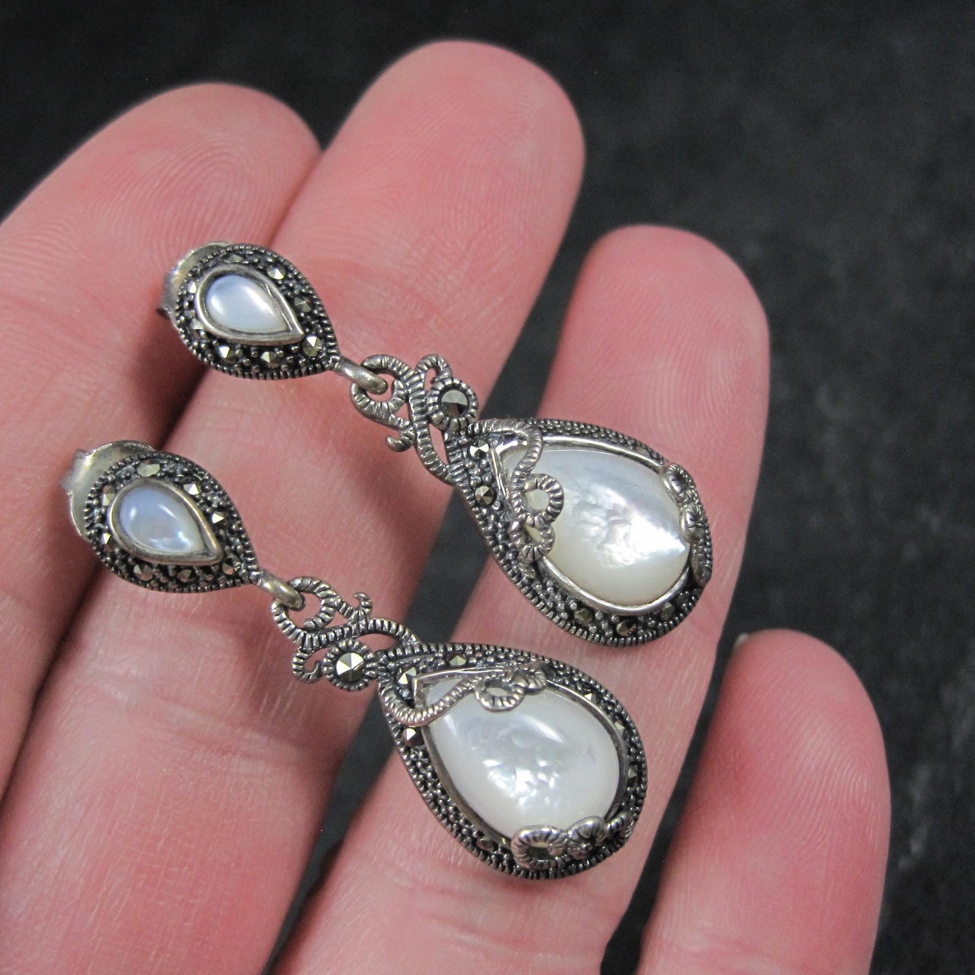 Vintage Sterling Silver Mother of Pearl Marcasite Earrings