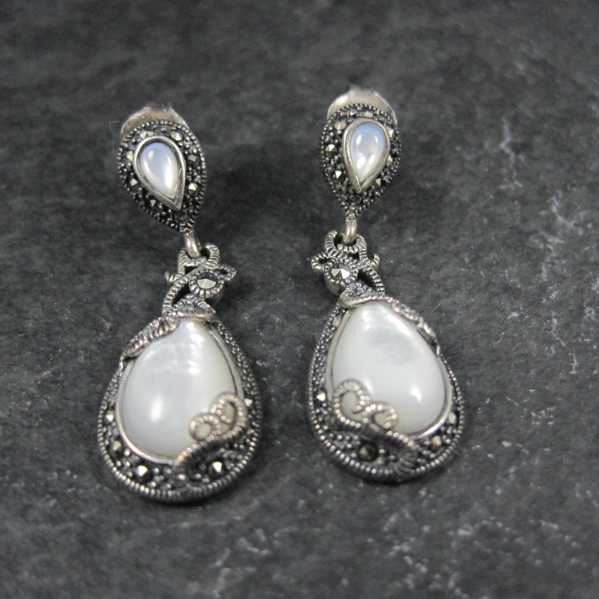 Vintage Sterling Silver Mother of Pearl Marcasite Earrings