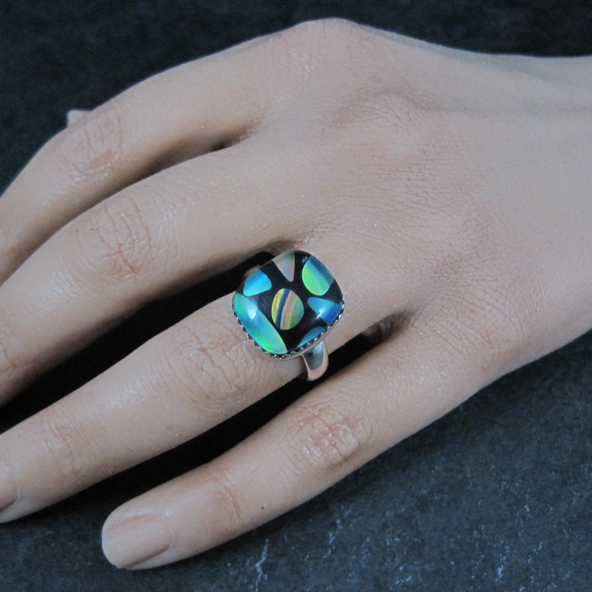 Art Glass Opal Ring Sterling Silver Size 7 Estate