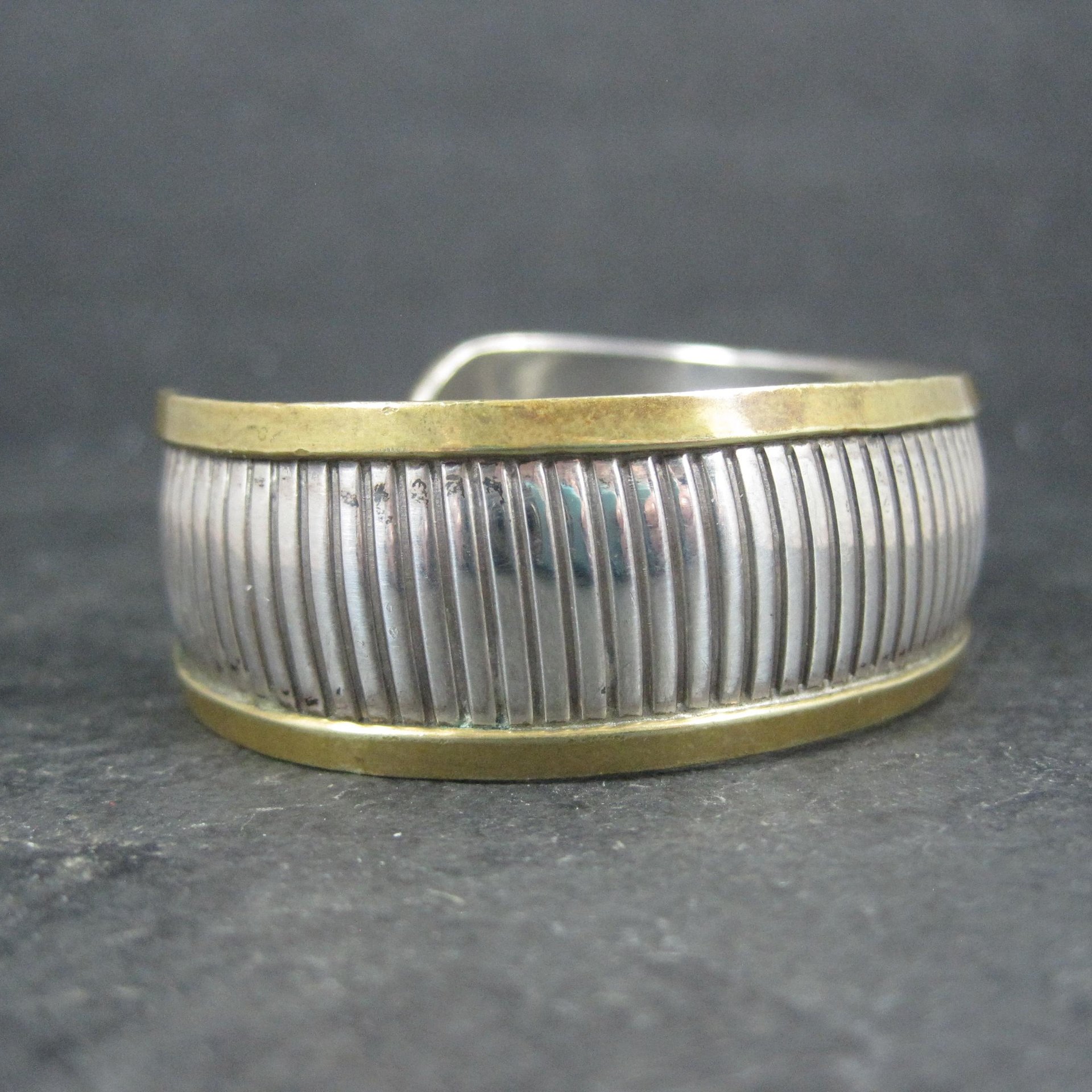 Vintage Sterling and Brass Cuff Bracelet 6 Inches Mexican Silver