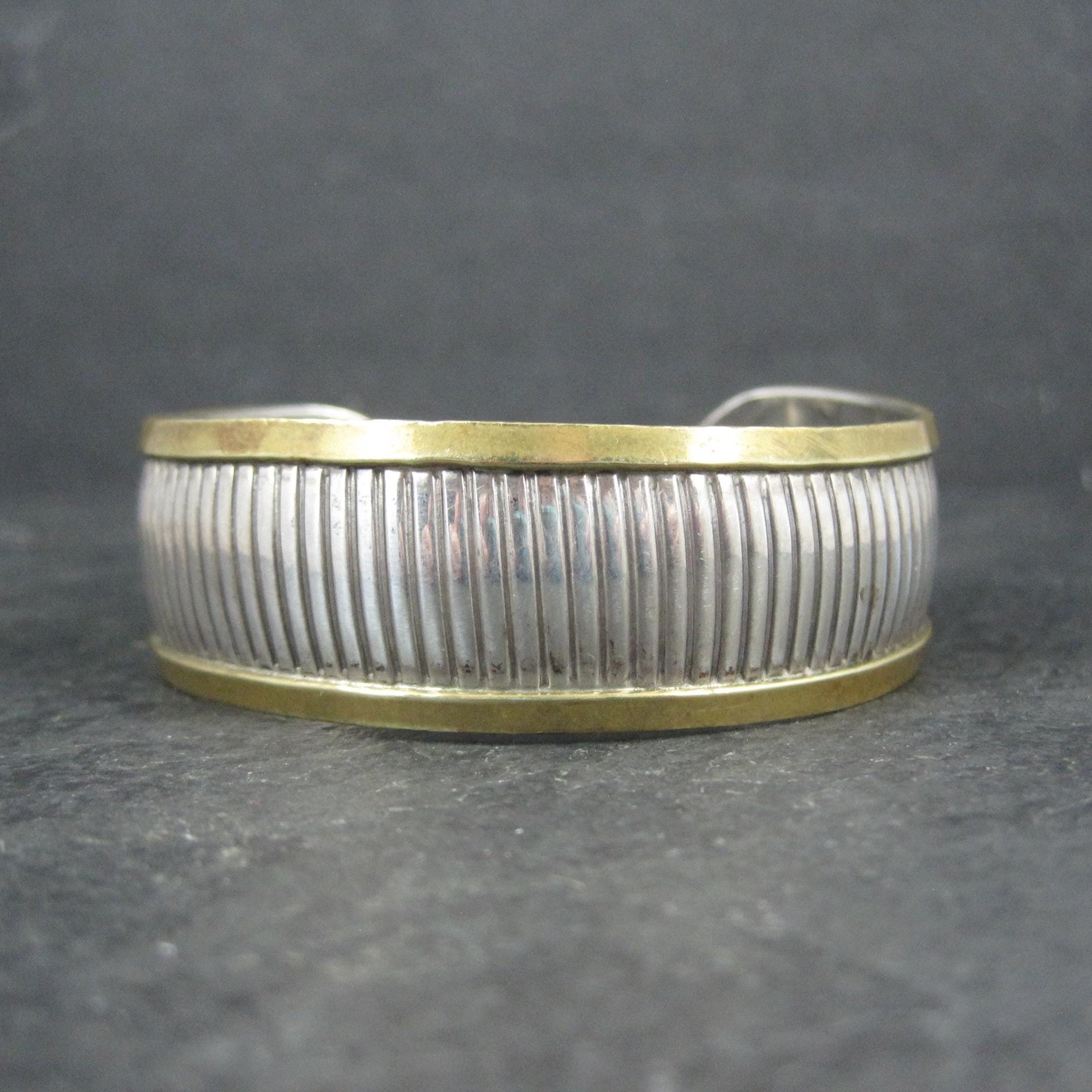 Vintage Sterling and Brass Cuff Bracelet 6 Inches Mexican Silver