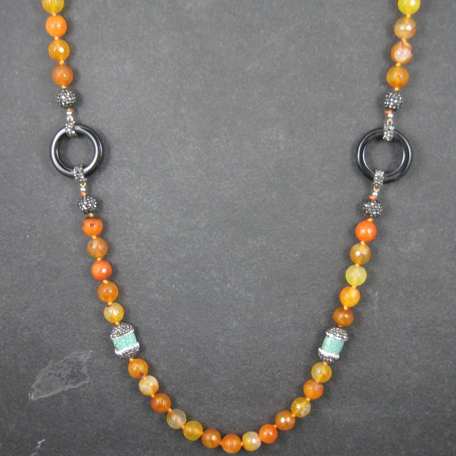 Estate Orange Quartz Marcasite Turquoise Bead Necklace 38"