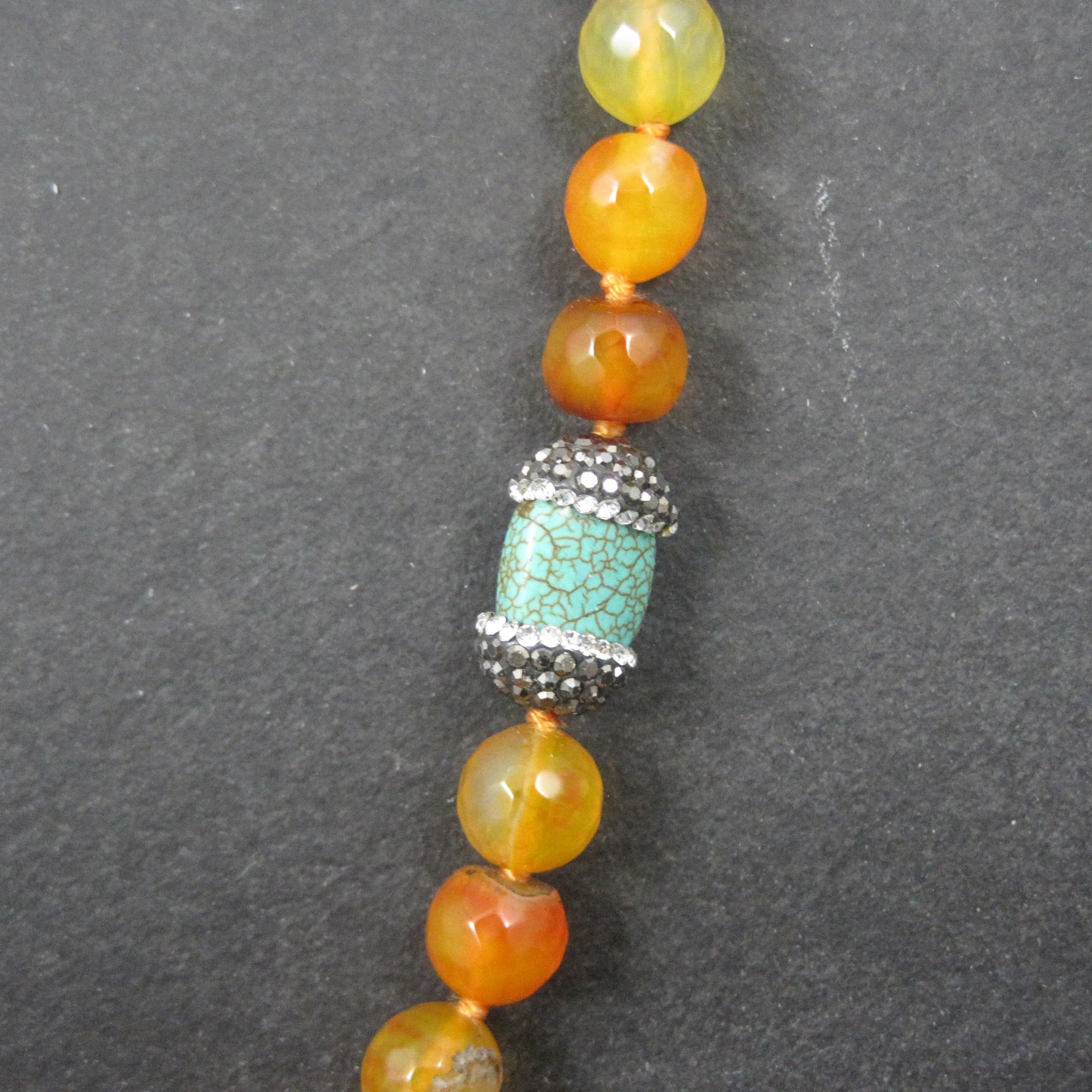 Estate Orange Quartz Marcasite Turquoise Bead Necklace 38"