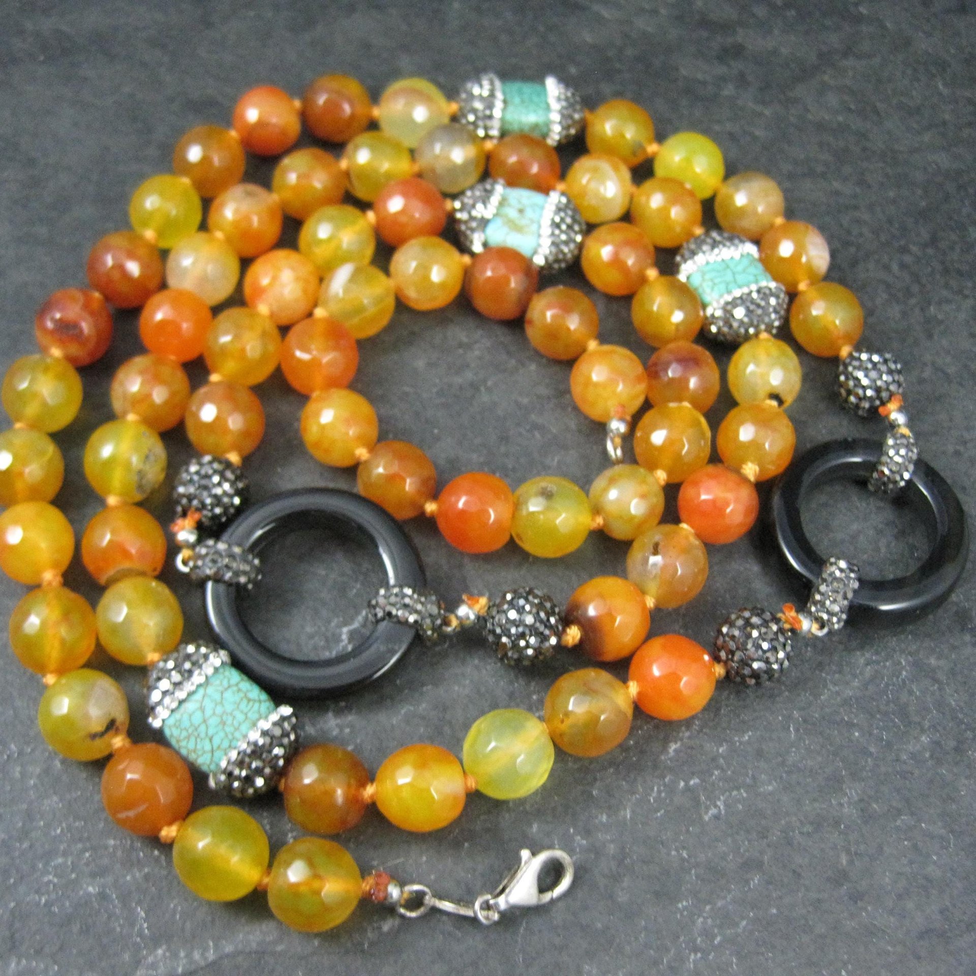 Estate Orange Quartz Marcasite Turquoise Bead Necklace 38"