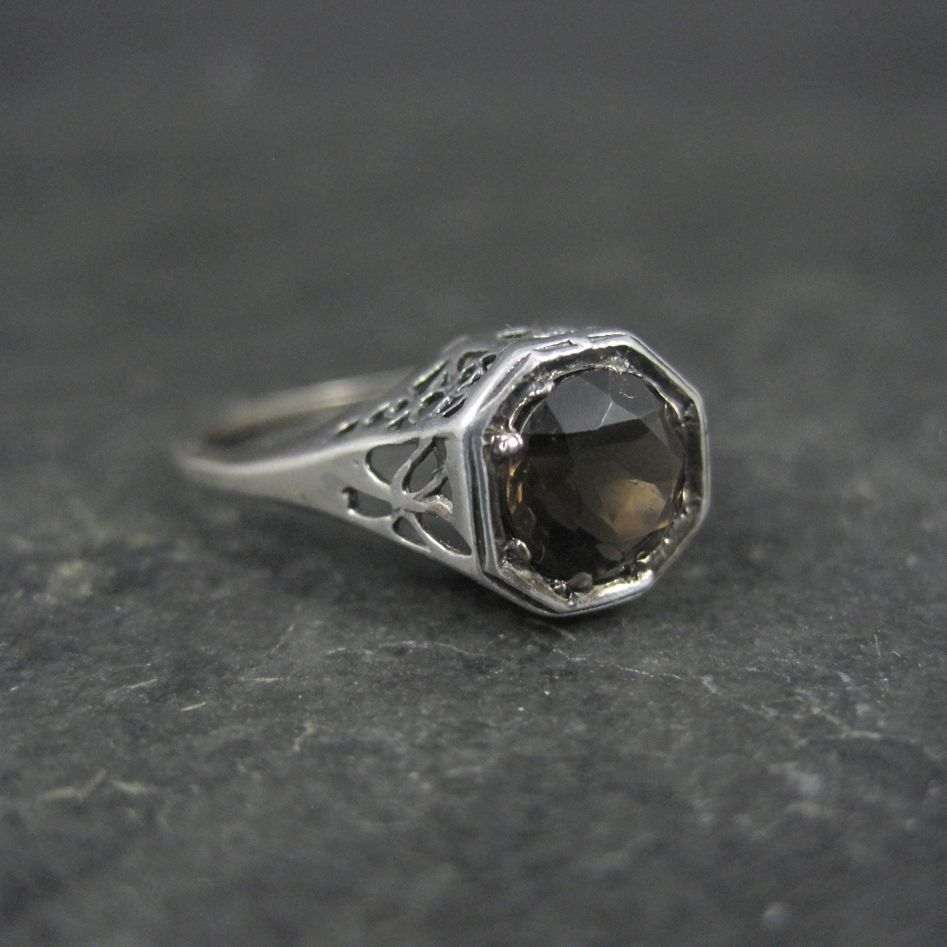 Vintage Filigree Smoky Topaz Solitaire Ring Size 7 Sterling Silver