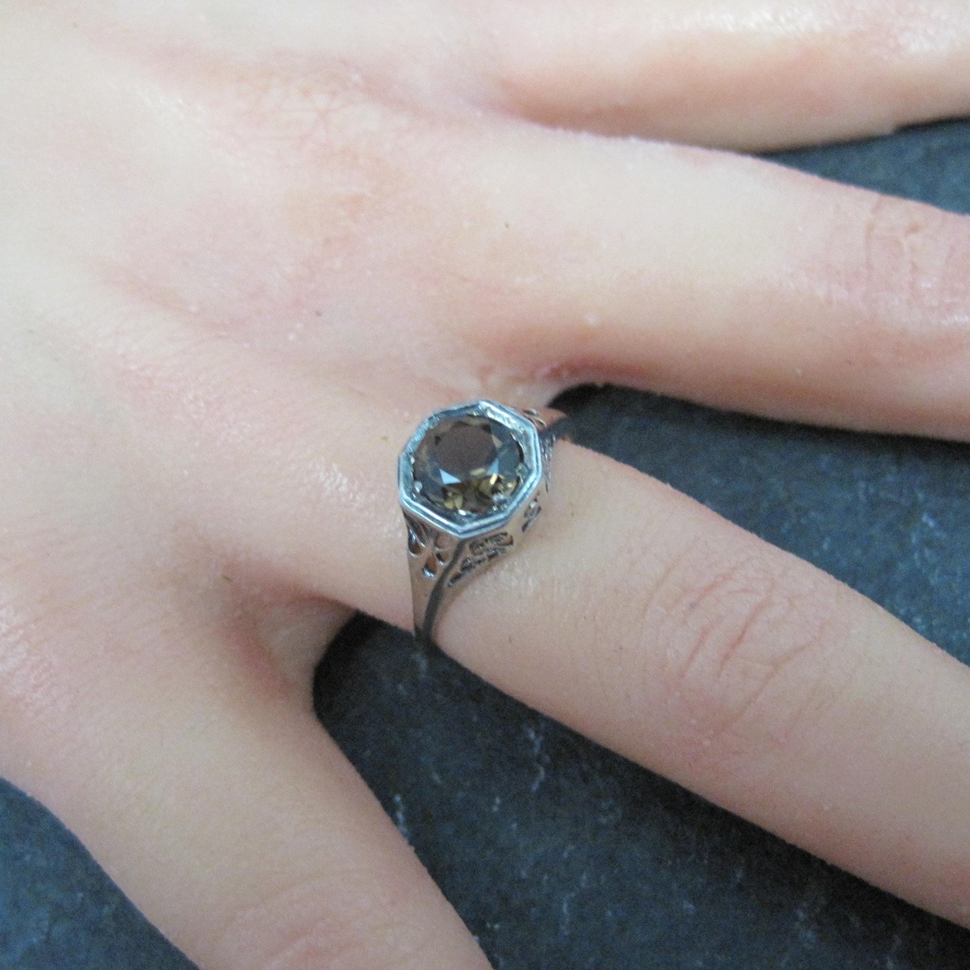 Vintage Filigree Smoky Topaz Solitaire Ring Size 7 Sterling Silver