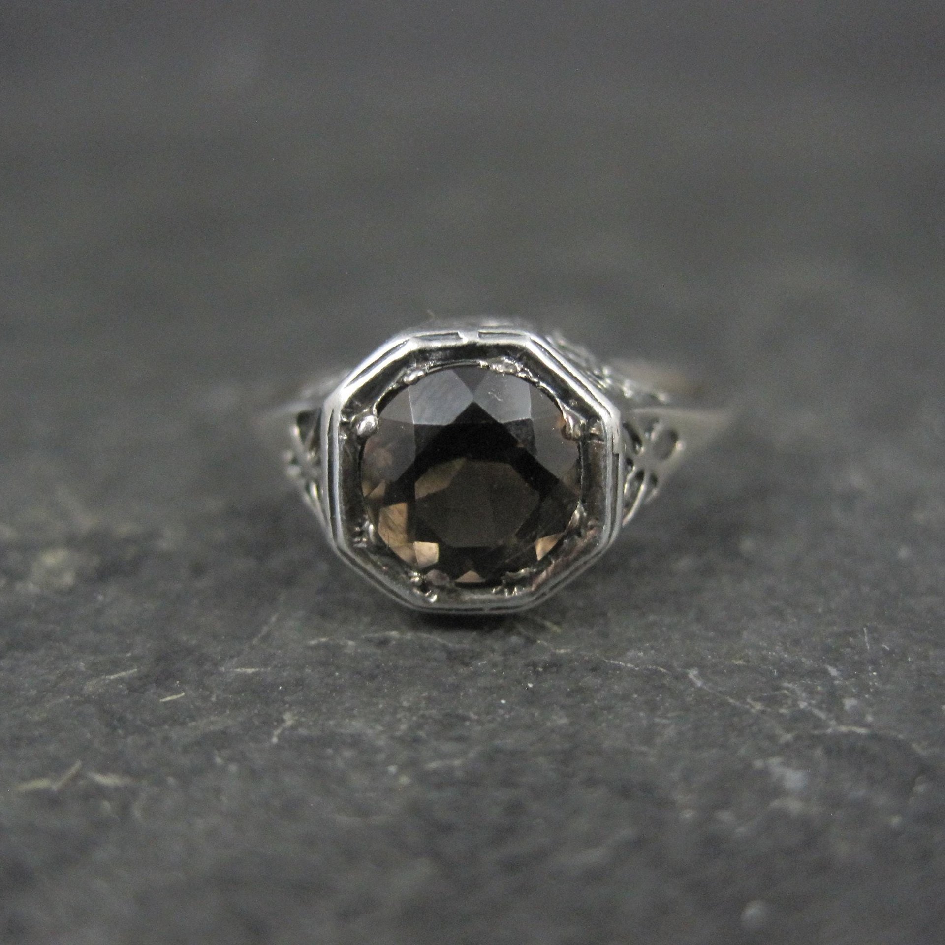 Vintage Filigree Smoky Topaz Solitaire Ring Size 7 Sterling Silver